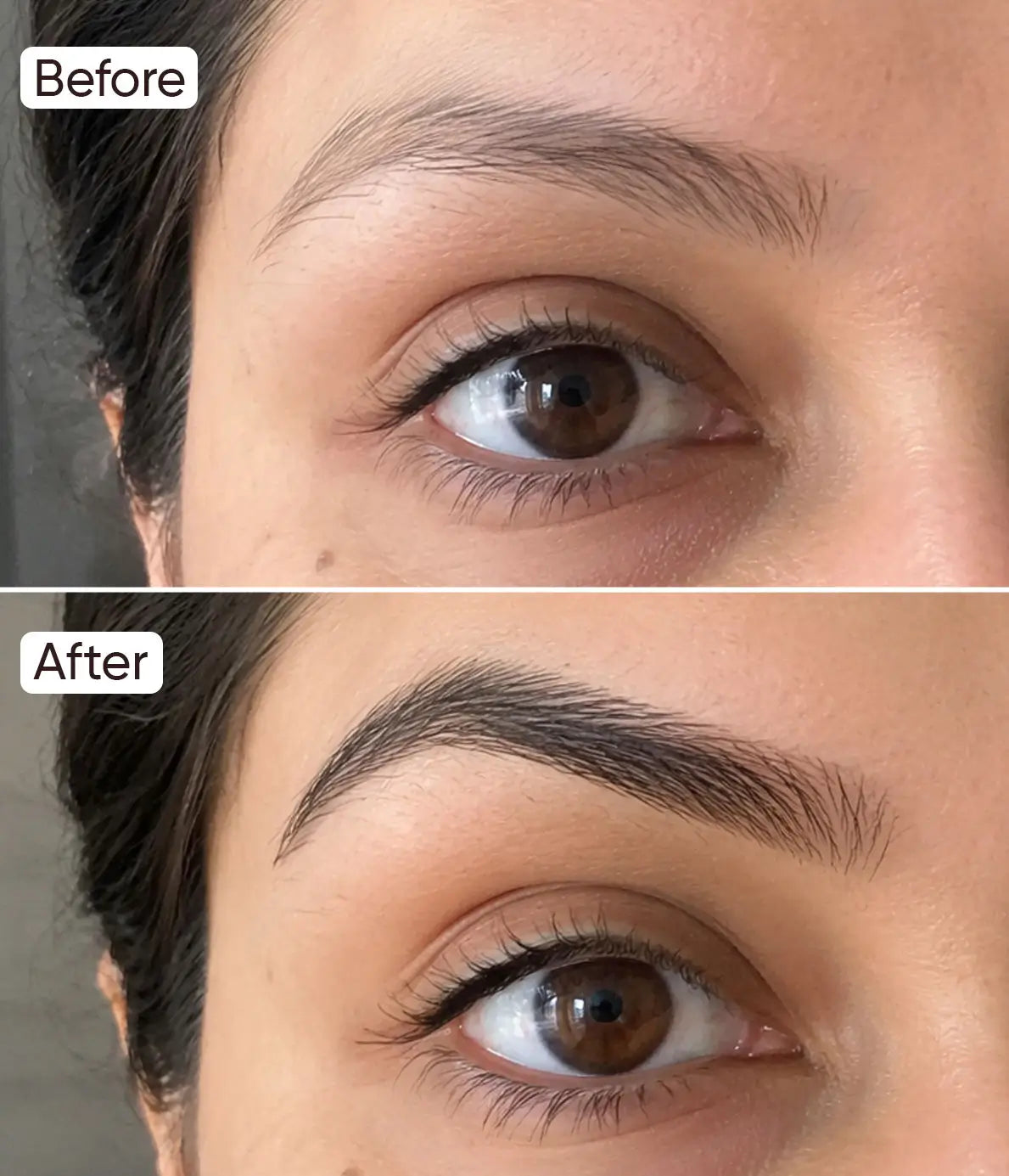 Illustrative woman considering her natural brows in the mirror