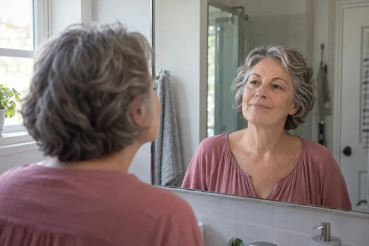 Illustrative woman checking her brows in the mirror