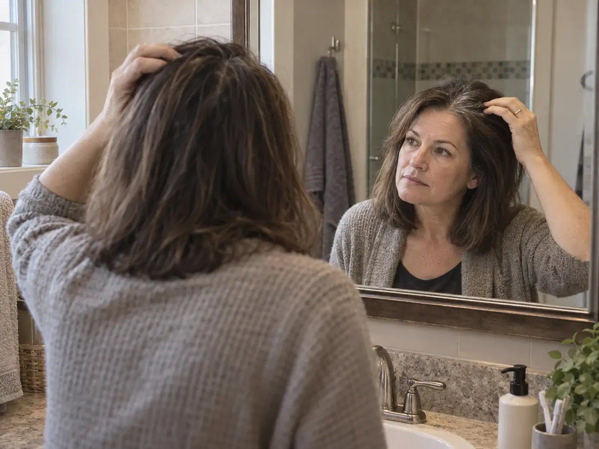 A woman checking her hair part in the mirror