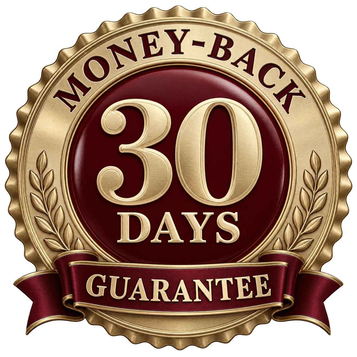 30-day money-back guarantee: custom gold and burgundy emblem