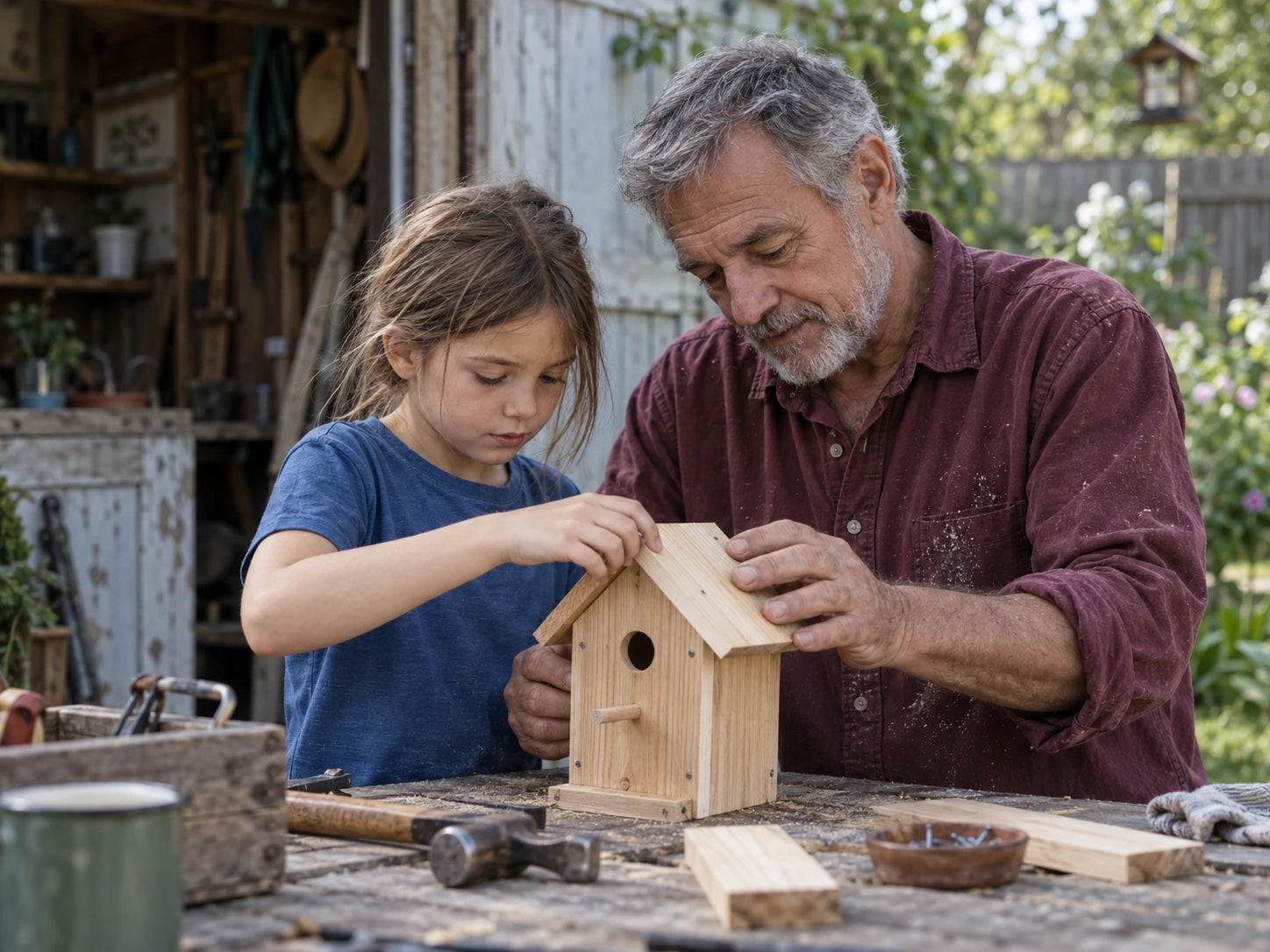 A grandfather and granddaughter building a birdhouse together