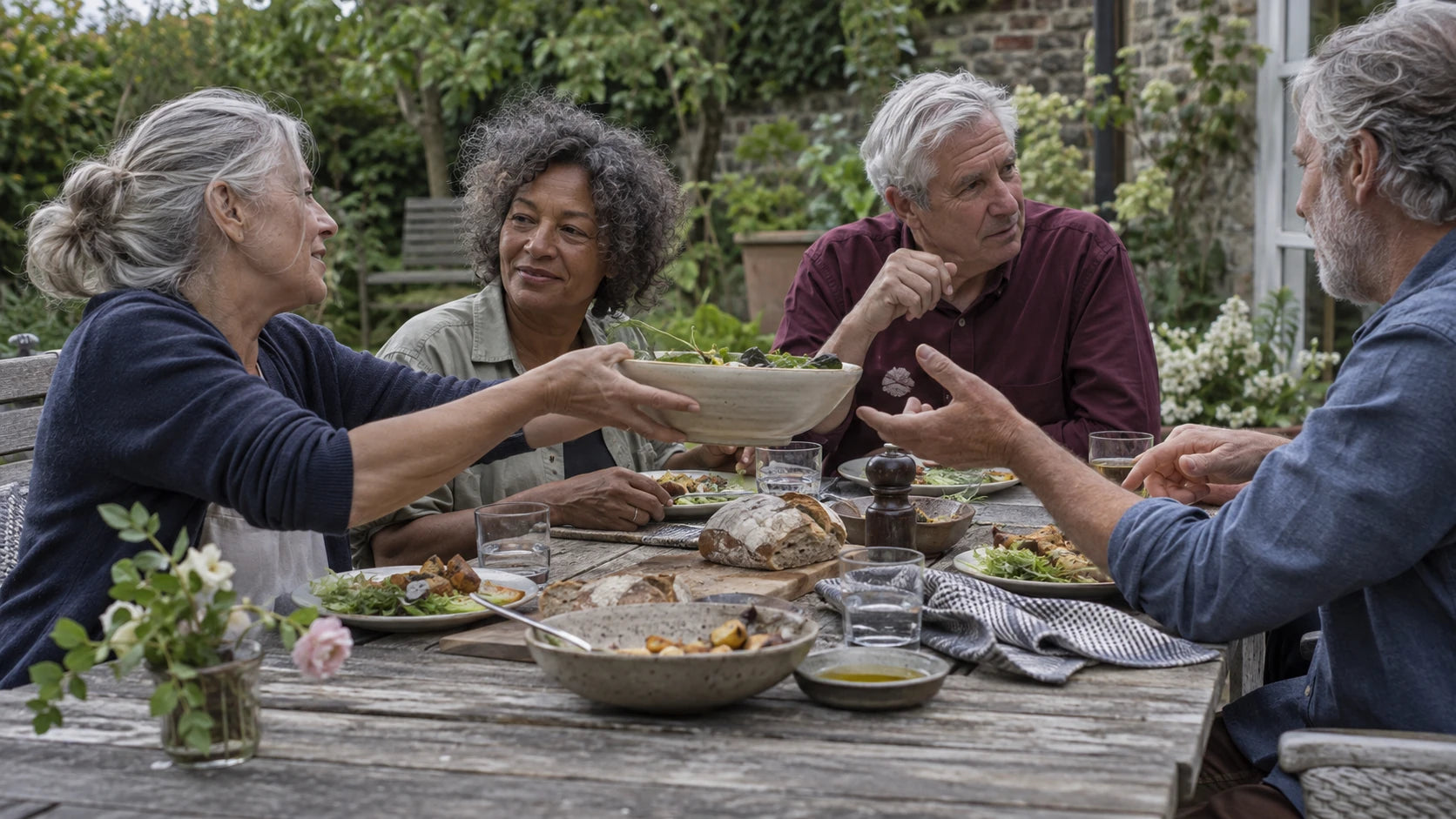 Illustrative campaign scene of mature friends sharing a relaxed garden lunch