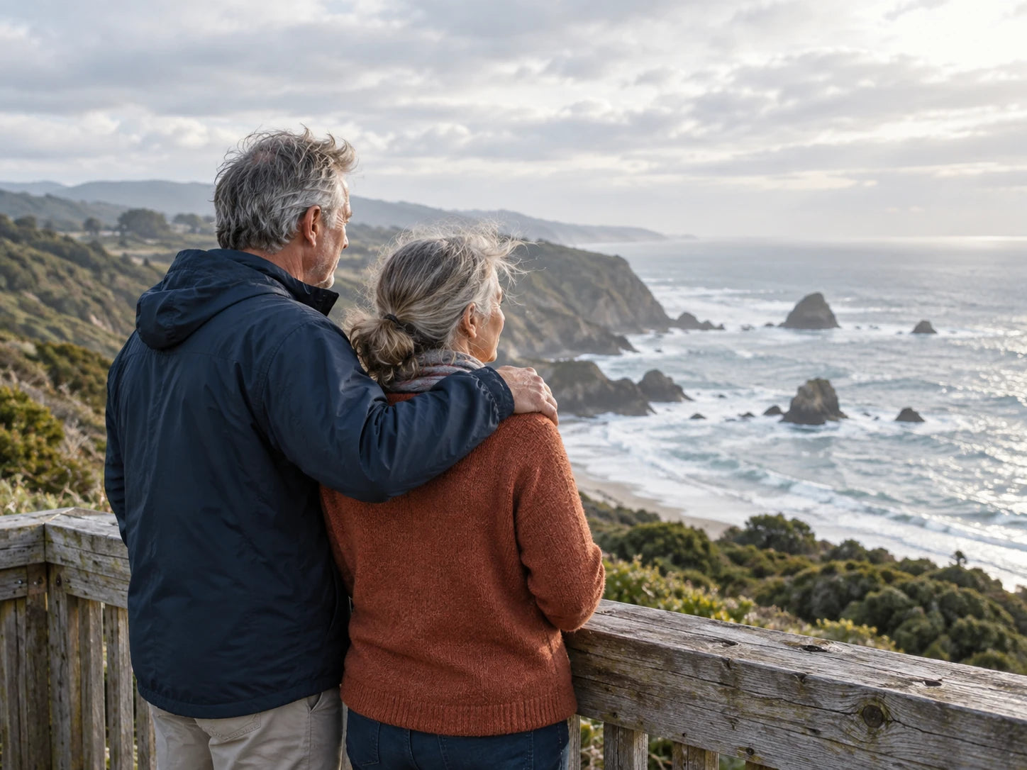 A mature couple enjoying a quiet coastal view