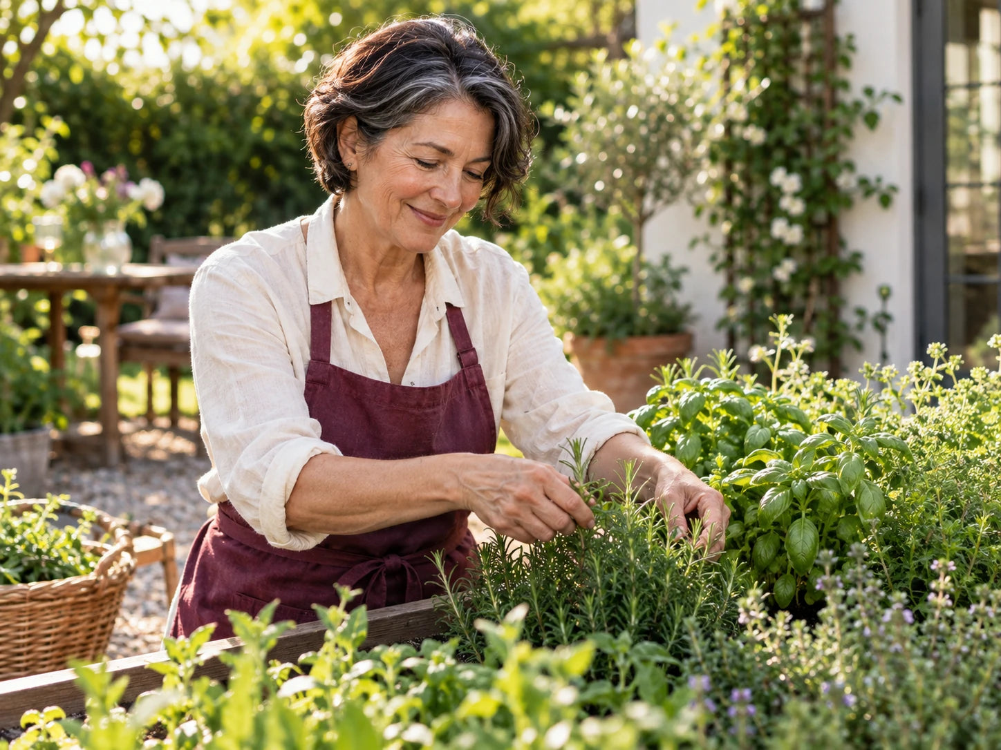 A mature woman enjoying time tending her herb garden