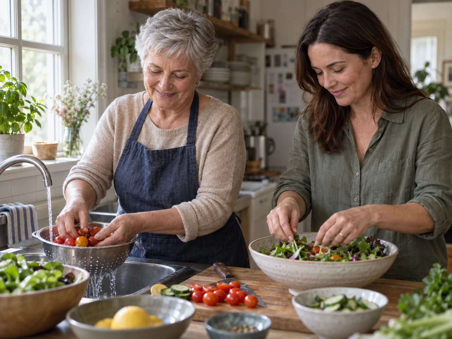 A mature woman and her adult daughter preparing lunch together