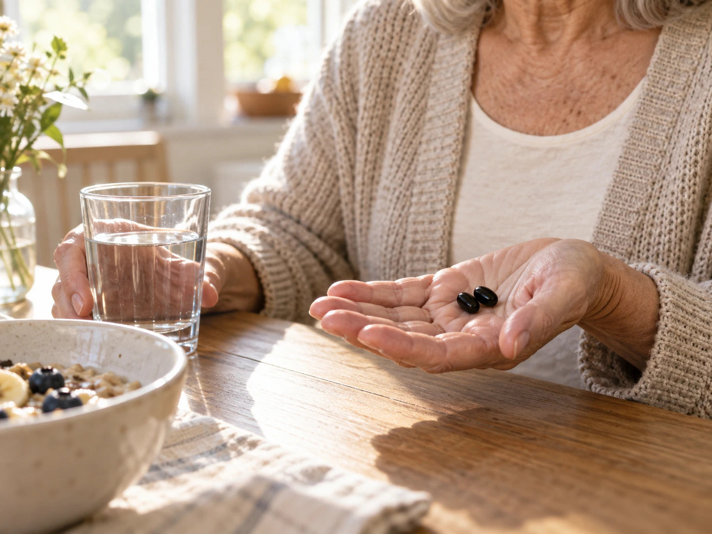Two black softgels in a woman’s palm beside her morning glass of water