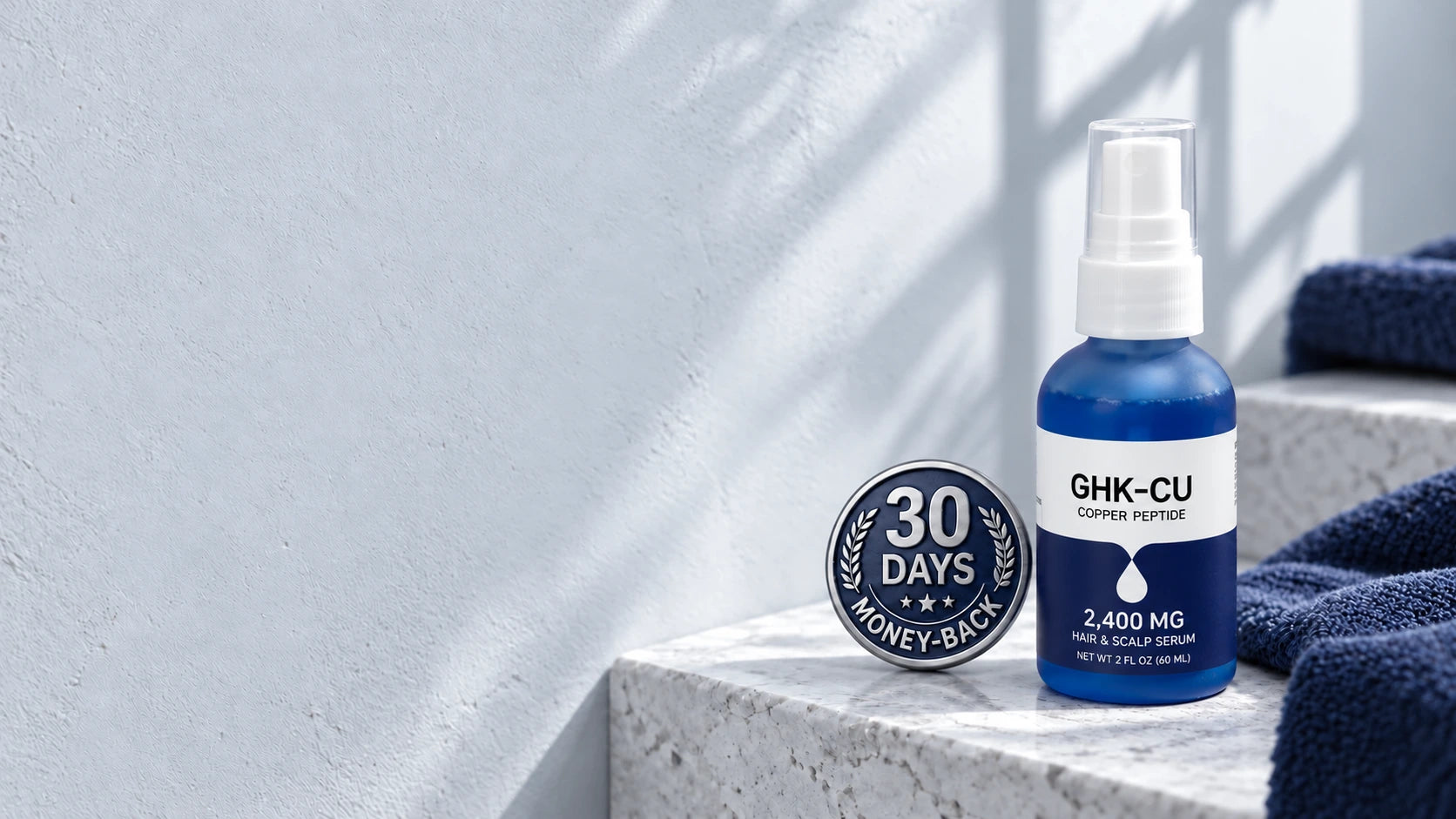 Nuralis GHK-Cu scalp serum beside a silver and navy 30-day money-back medallion