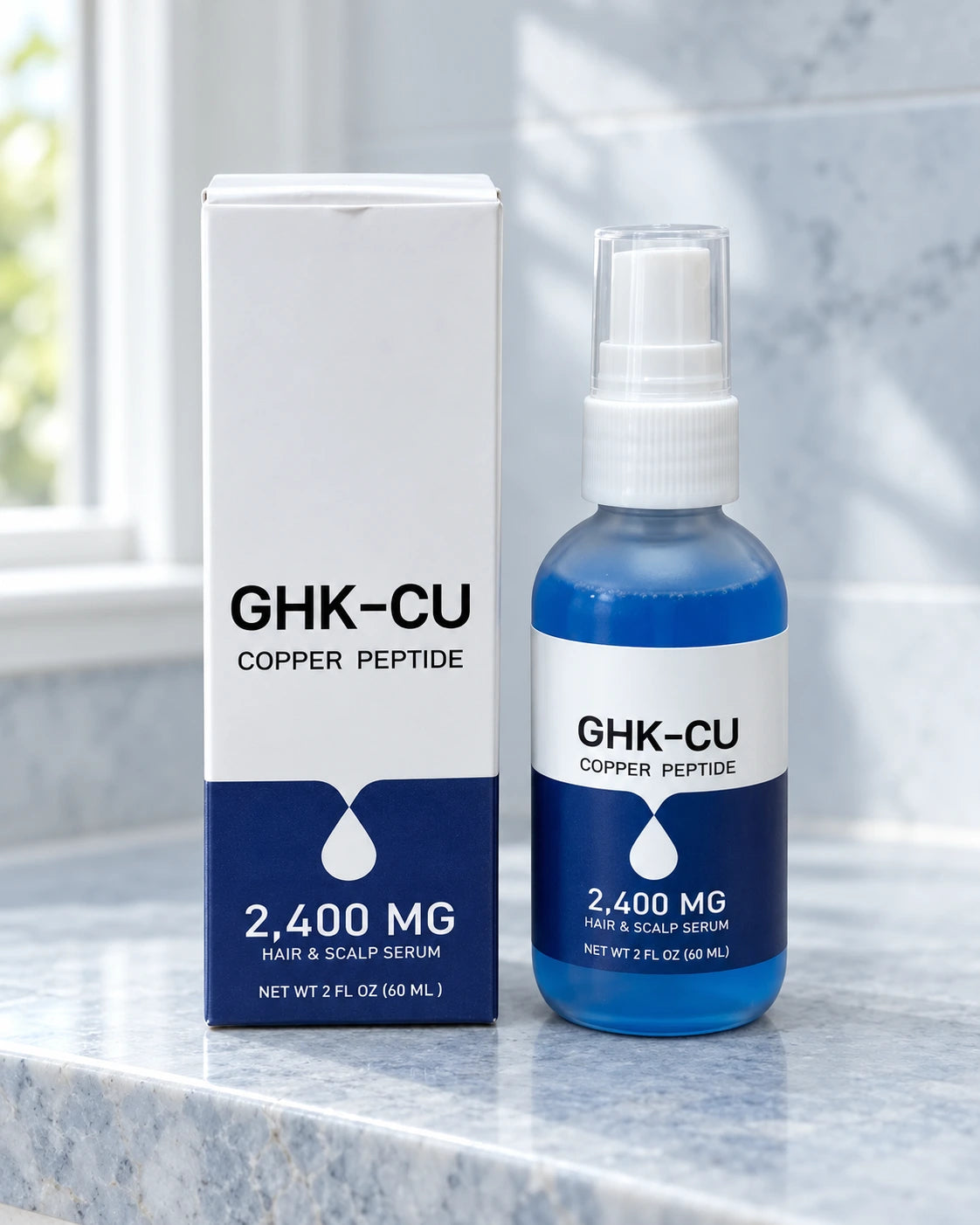 Actual-label GHK-CU 60 ml serum bottle and carton on a bathroom shelf