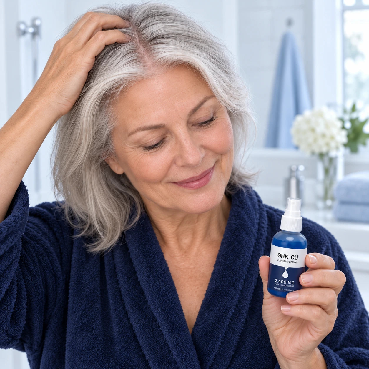 Mature woman gently massaging her scalp with the faithful GHK-CU spray bottle in hand