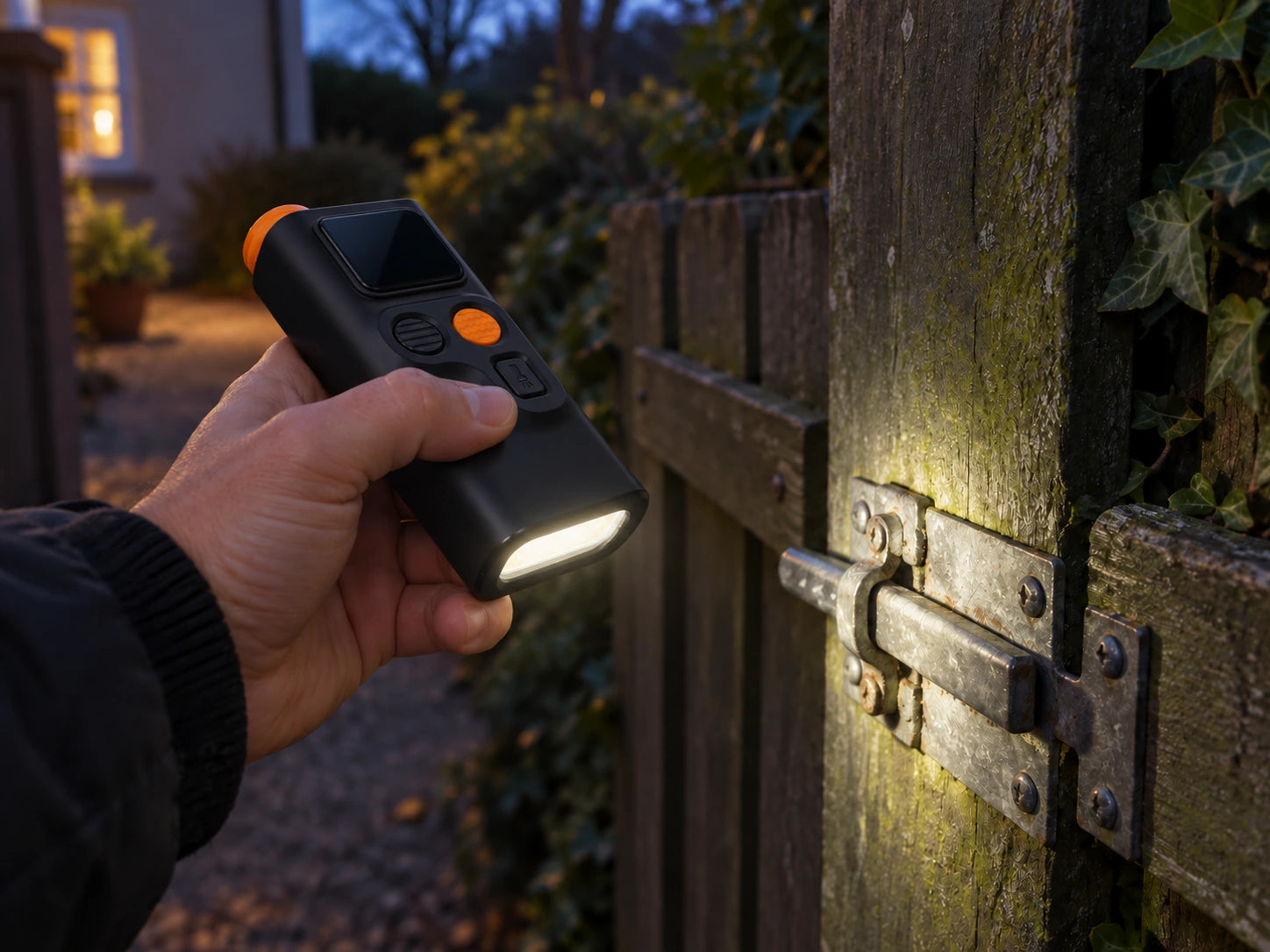 The wide light at the base of HushVera illuminates a nearby gate latch.