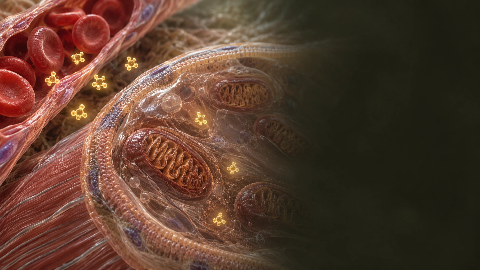 Illustration of a blood vessel beside a muscle cell, with glucose molecules between them.