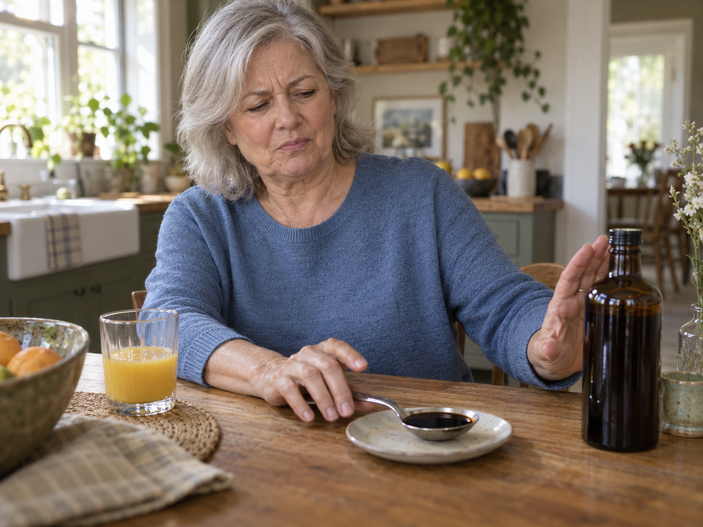 Older woman setting aside a tablespoon and unbranded bitters bottle