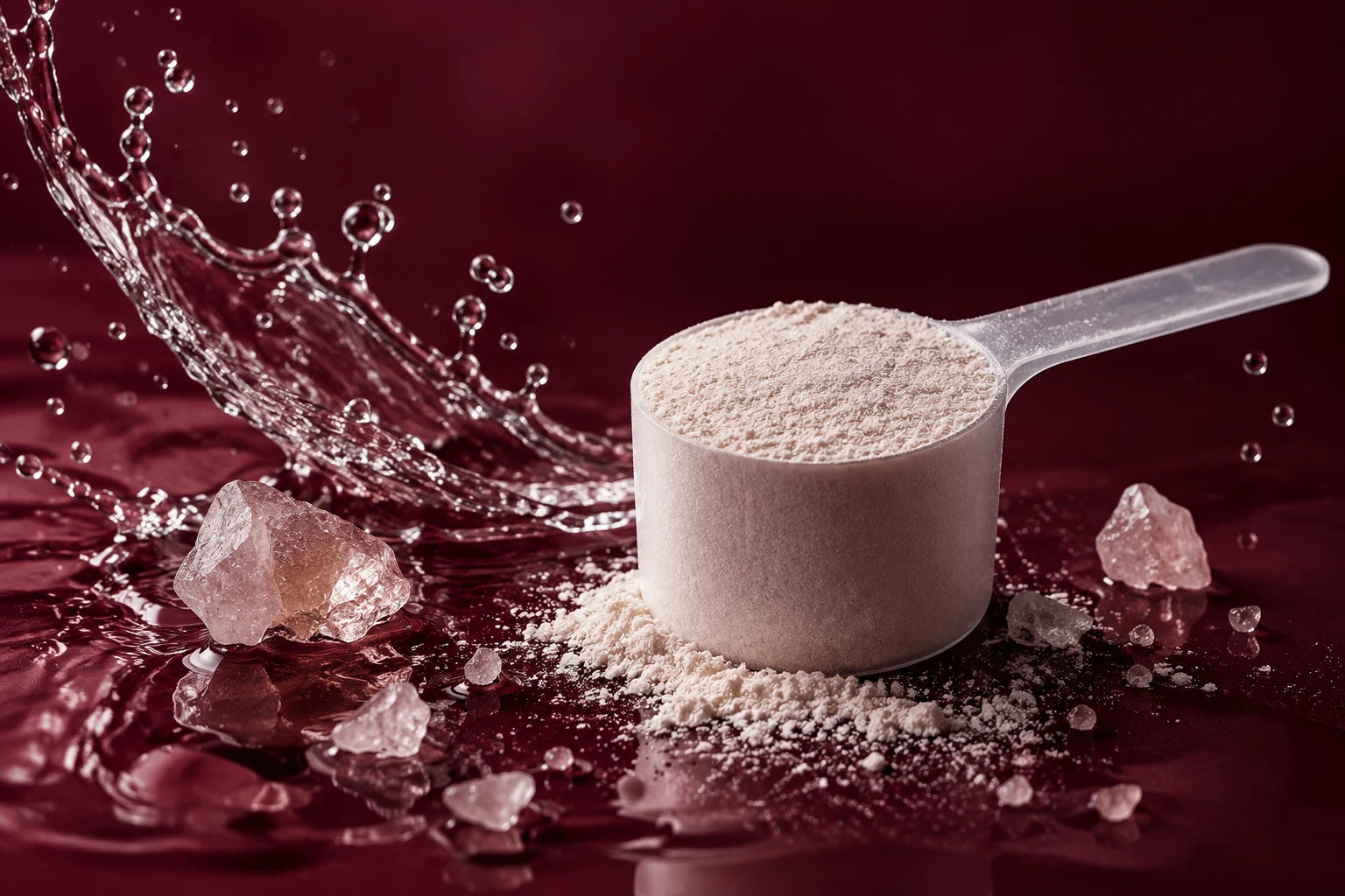 Illustrative macro composition of a measured scoop, powder, water and mineral crystals