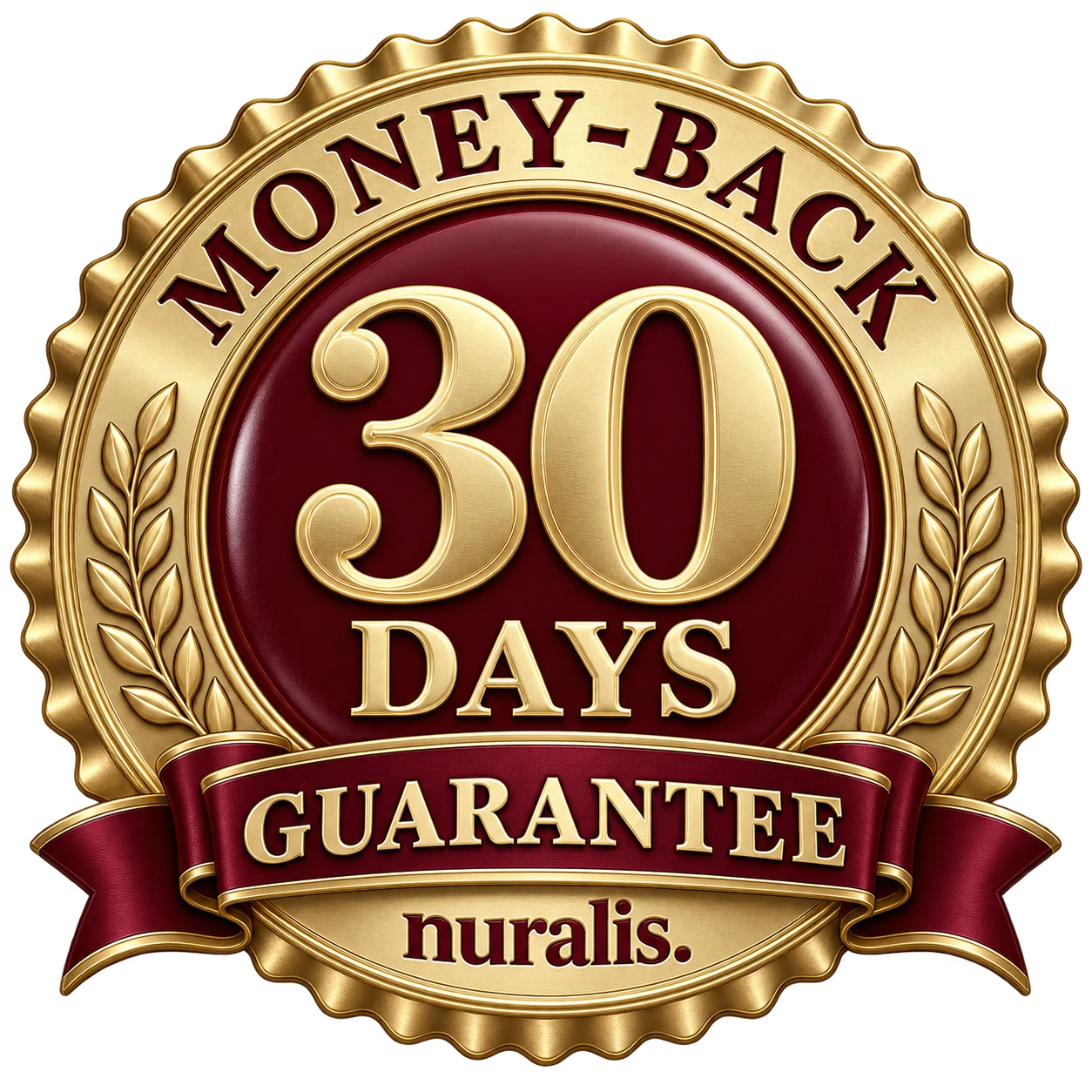 Nuralis 30 days money-back guarantee gold and burgundy emblem