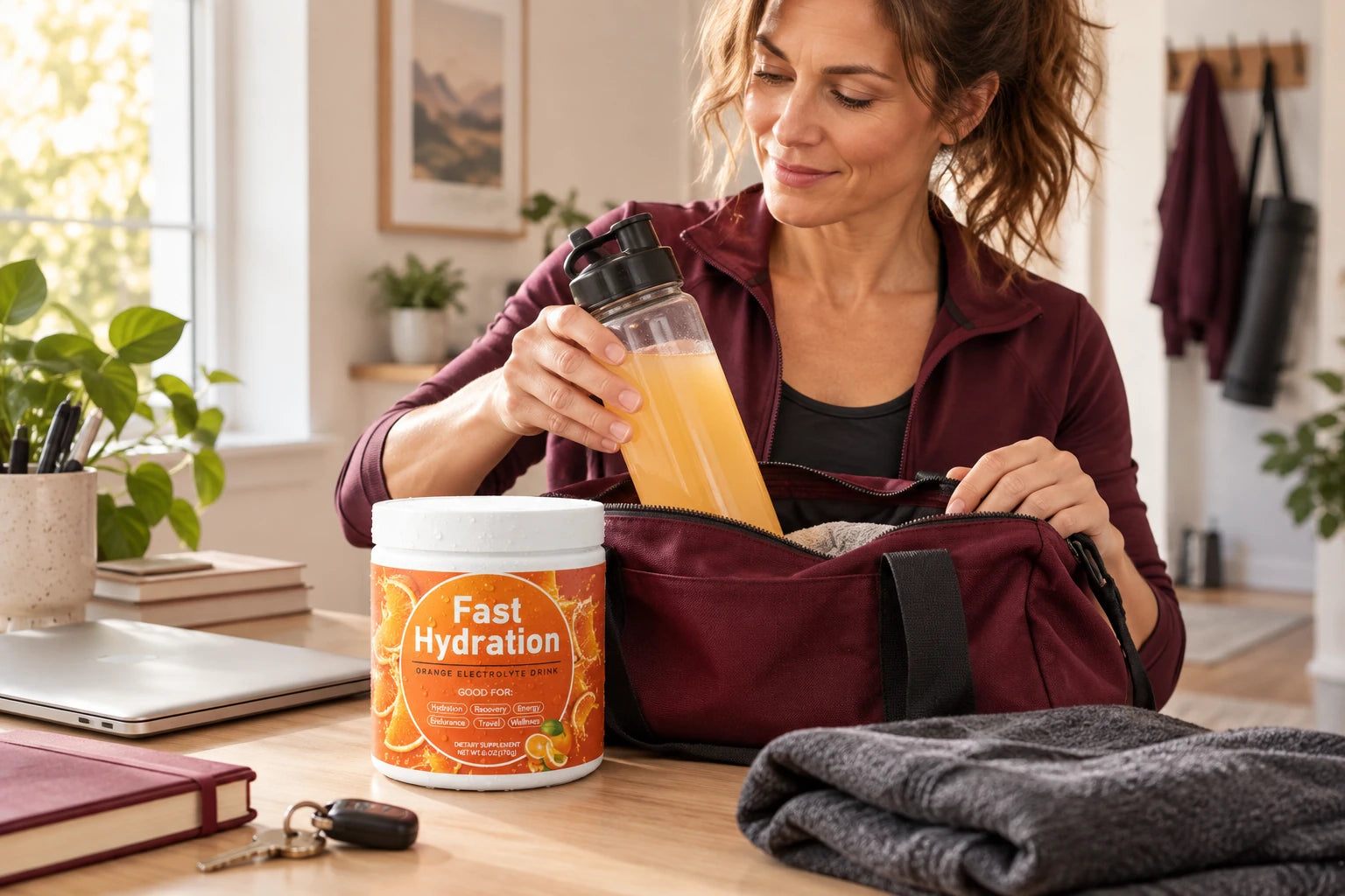 Illustrative scene of an adult packing a drink for an active day, with the Orange electrolyte tub and gym tote