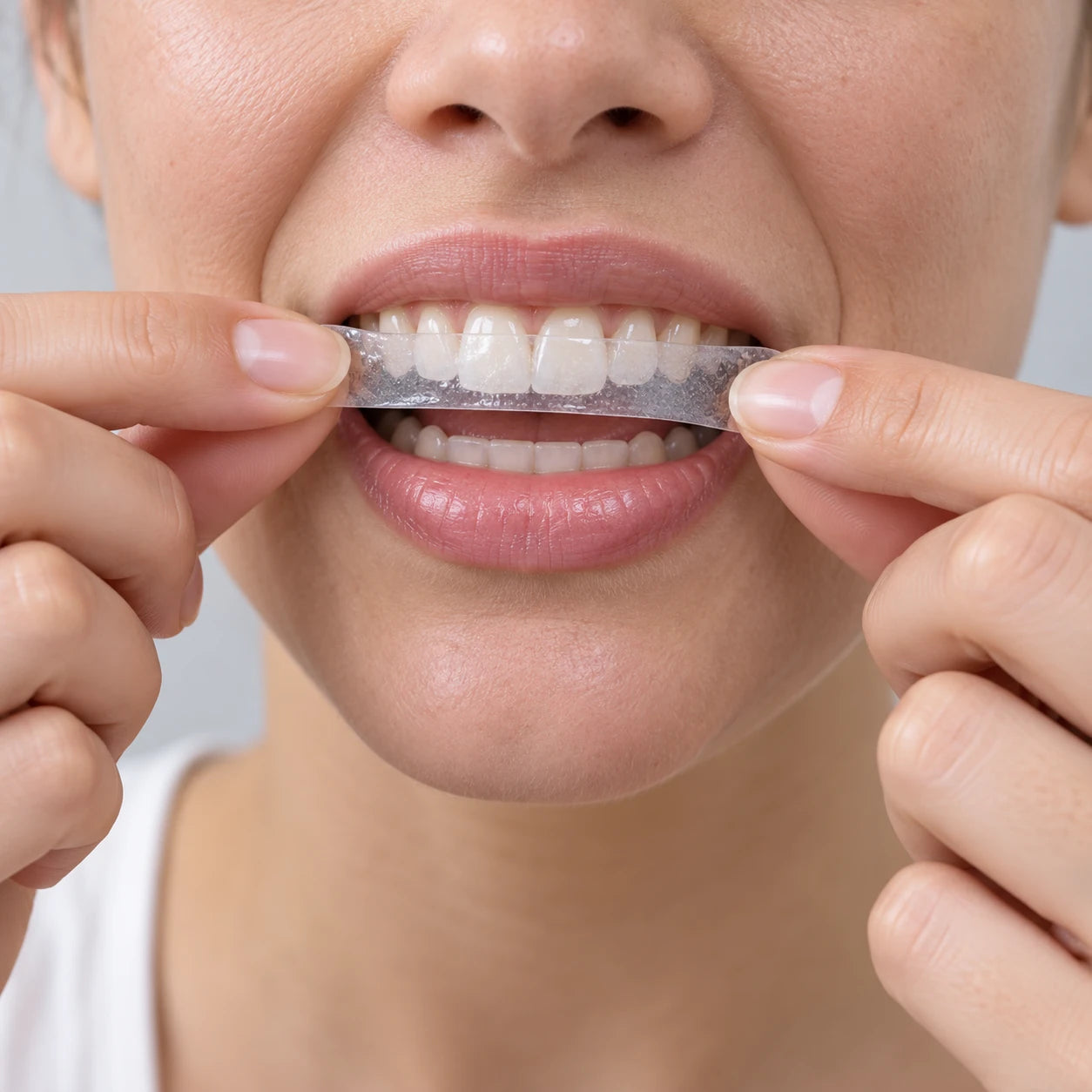 Illustration of placing a whitening strip on upper teeth