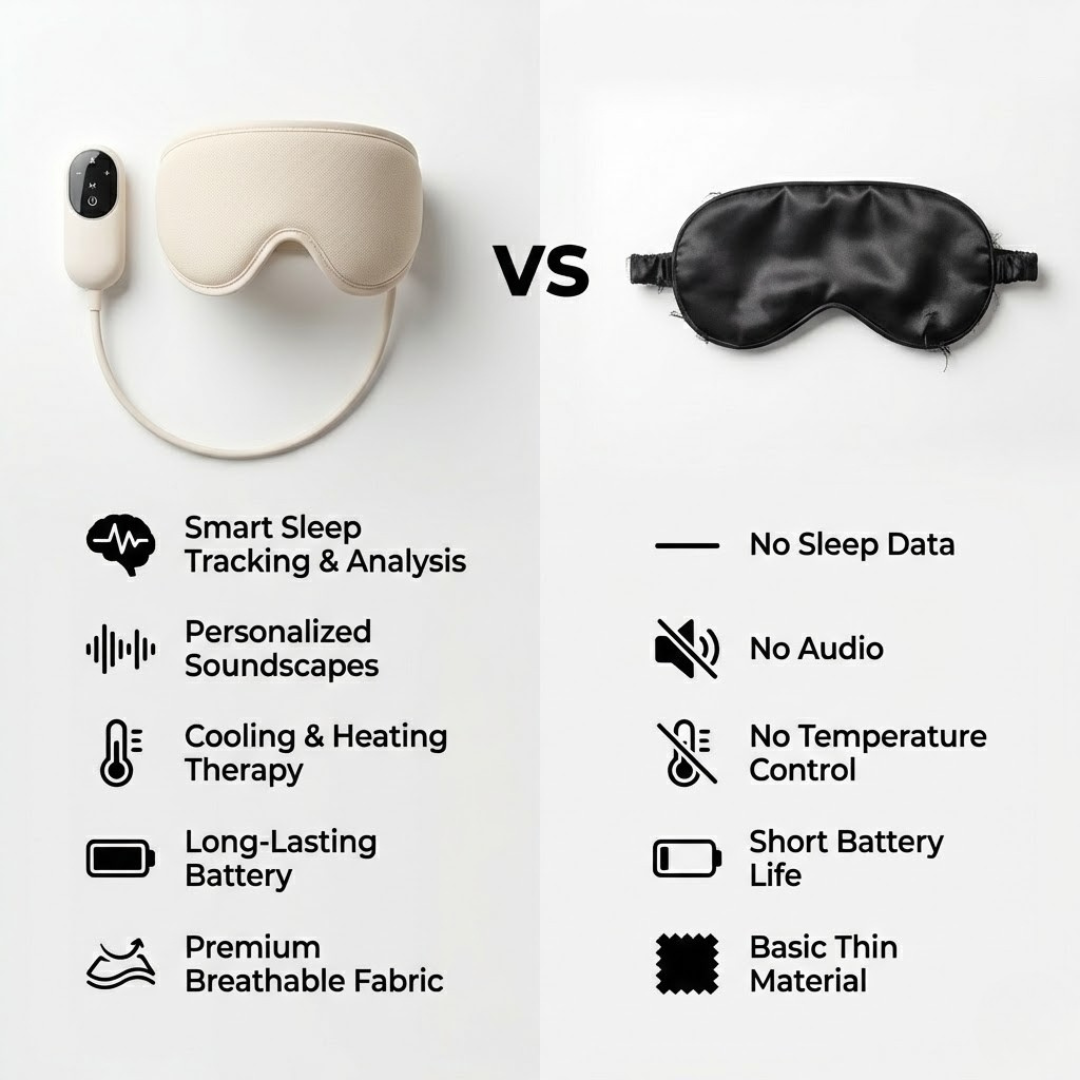 Comparison chart of a smart sleep device and a traditional sleep mask on a white background.
