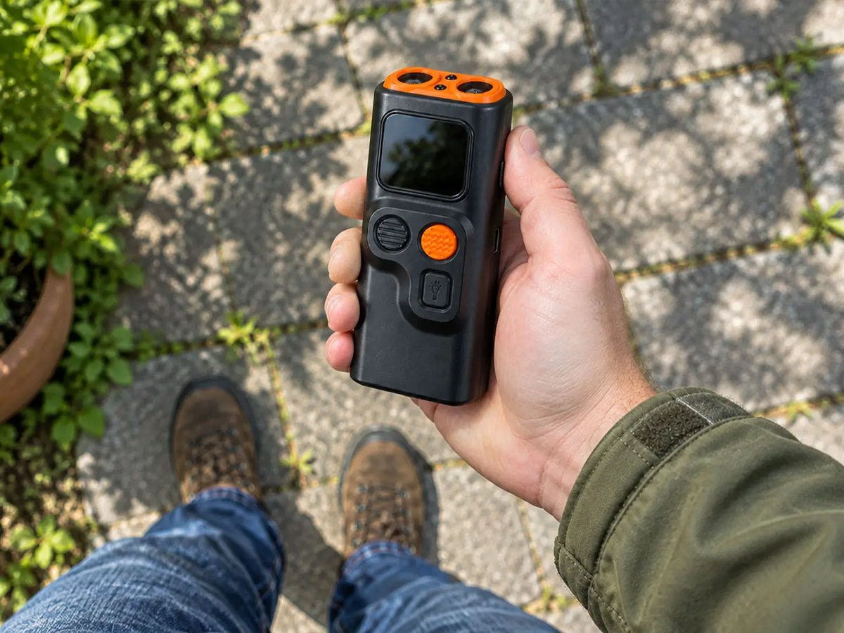 Close view of HushVera in the hand, showing its screen and three front controls.