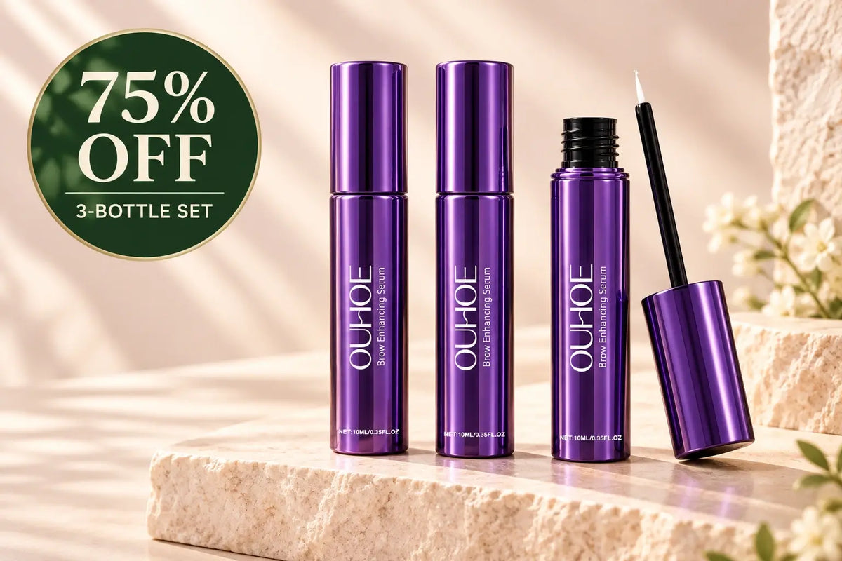 Three purple serum bottles with a 75% off three-bottle set badge