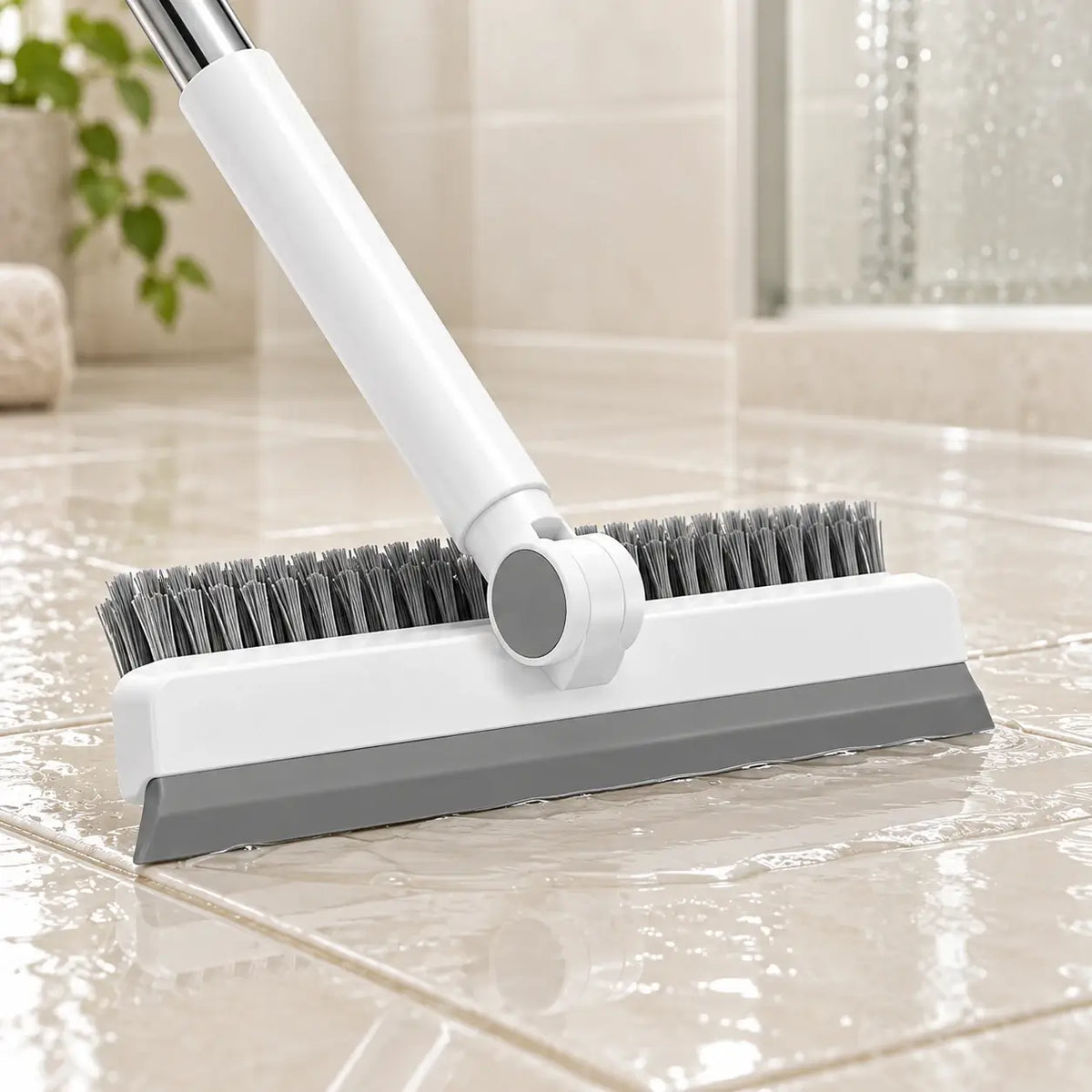 Brush flipped with bristles raised and gray squeegee gathering rinse water