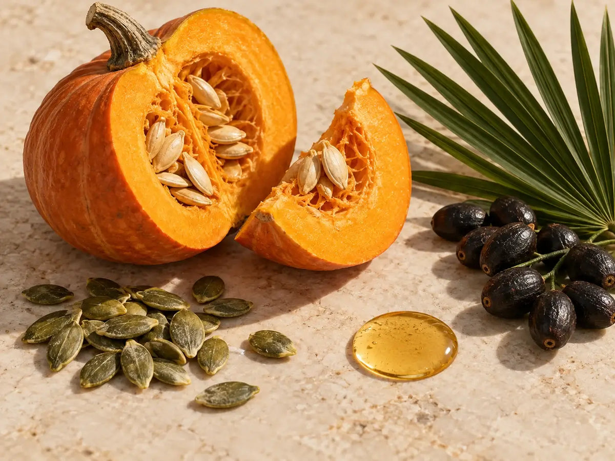 Pumpkin, seeds, saw palmetto berries and amber oil on warm stone