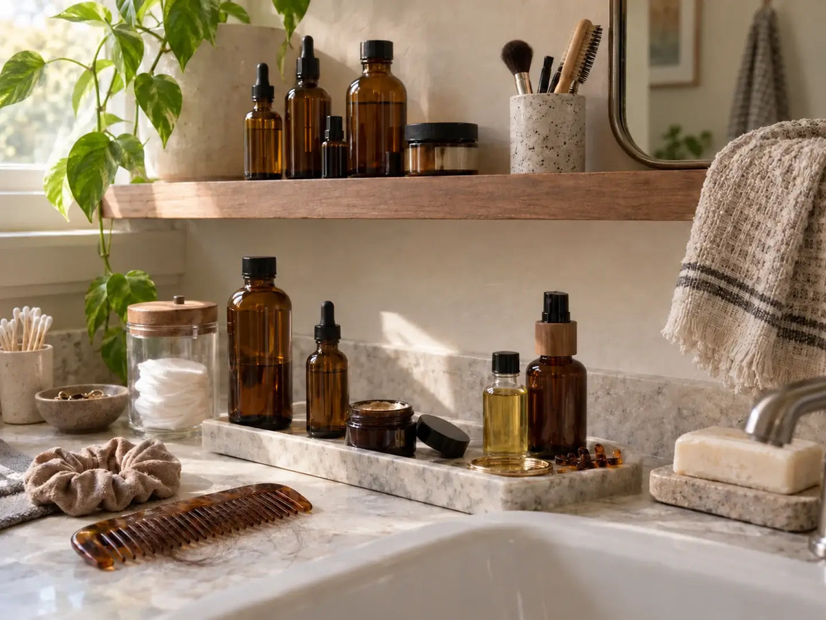 A comb full of shed hair beside scalp oils on a bathroom counter