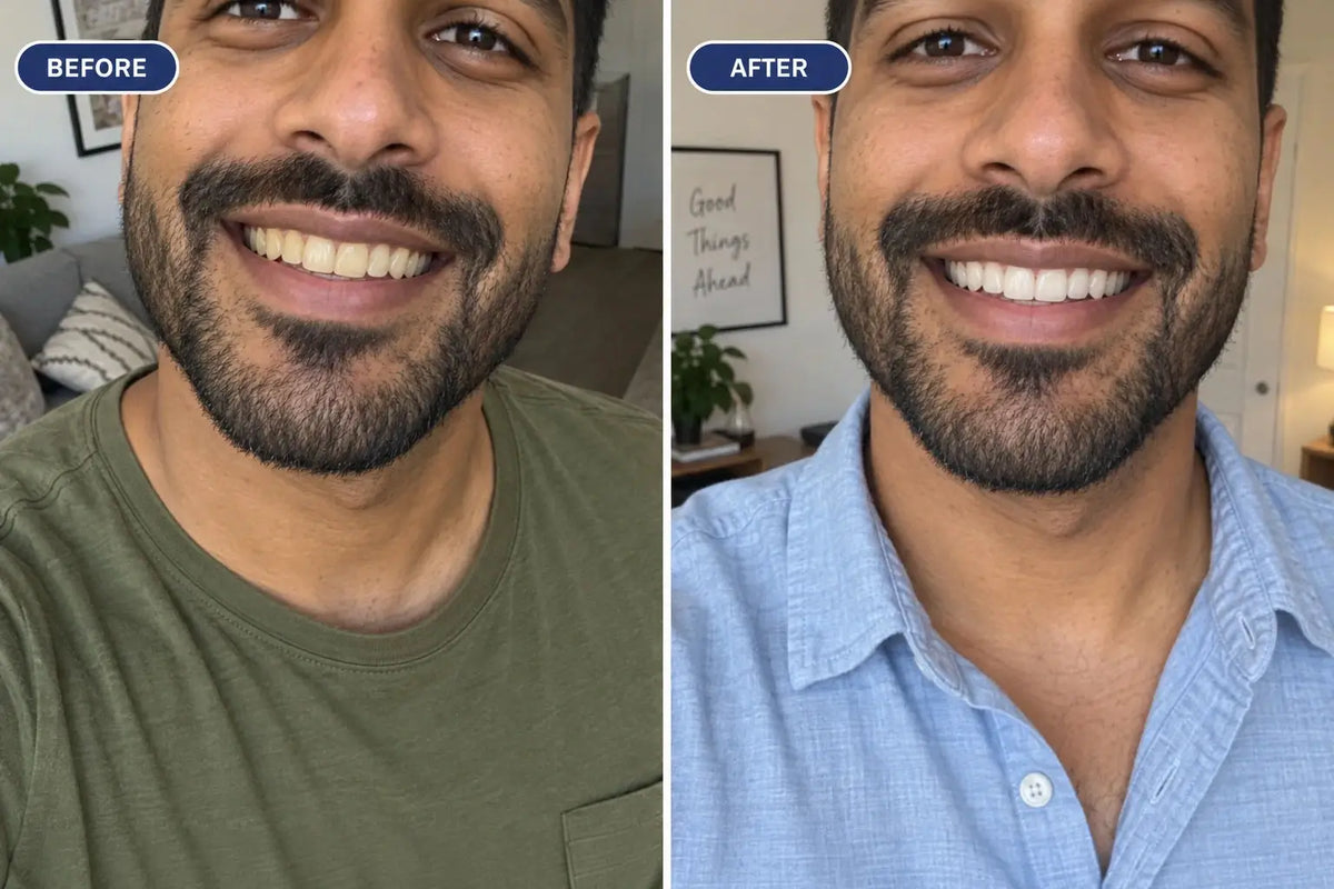 Illustrative male before-and-after tone comparison. This is not a customer result.