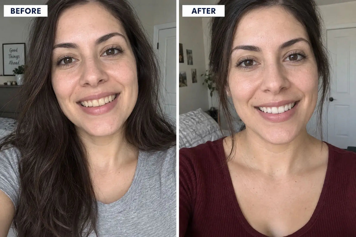 Illustrative female before-and-after tone comparison. This is not a customer result.