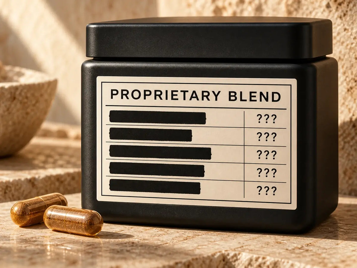 A proprietary blend label with doses concealed