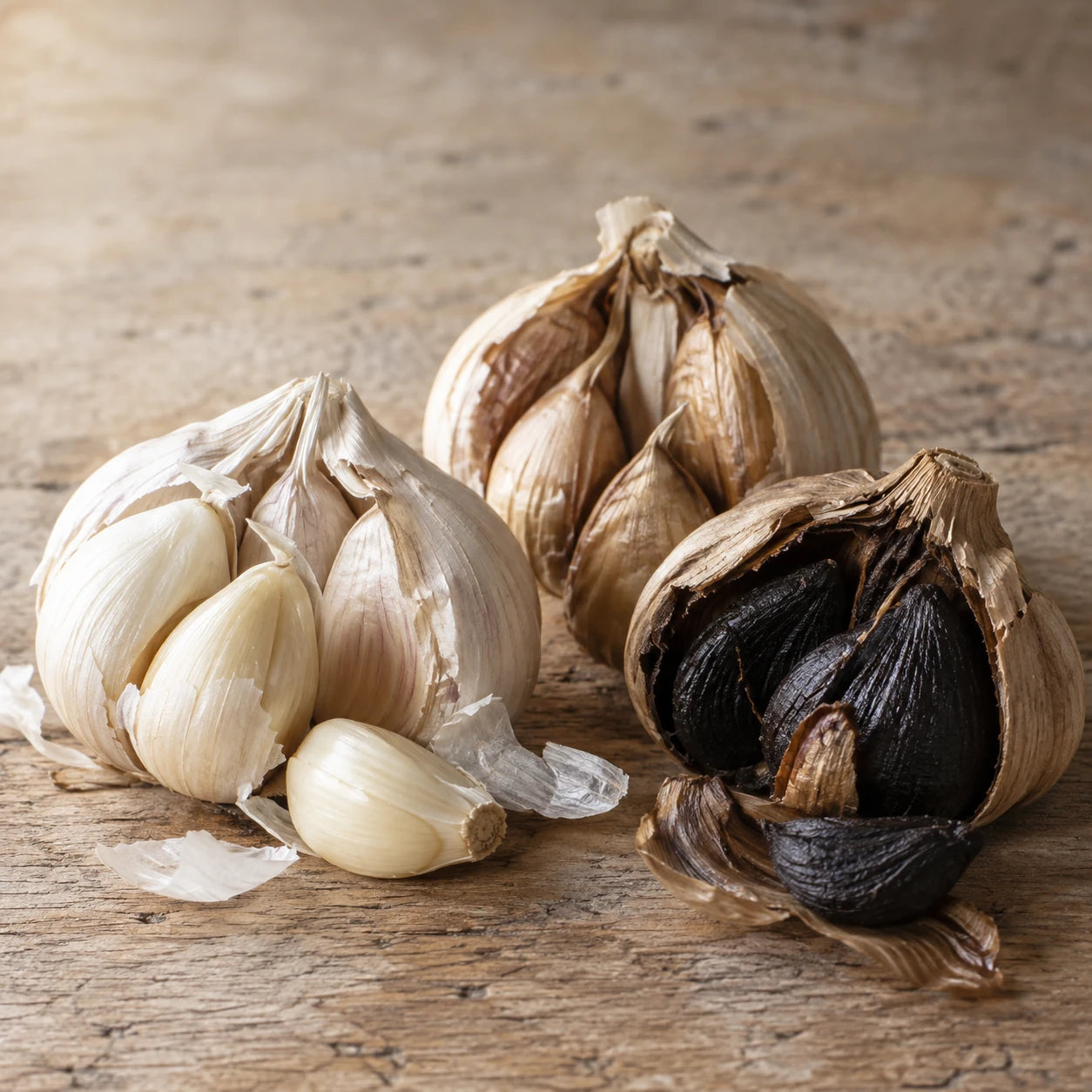 Fresh, partially aged and fully aged black garlic on a work surface
