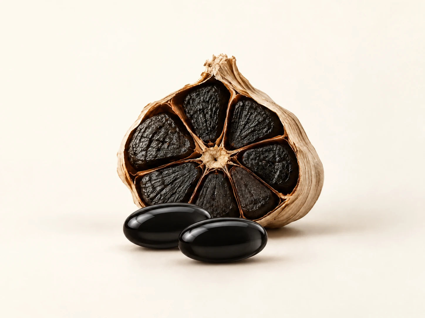 Black garlic and glossy black softgels representing Nuralis