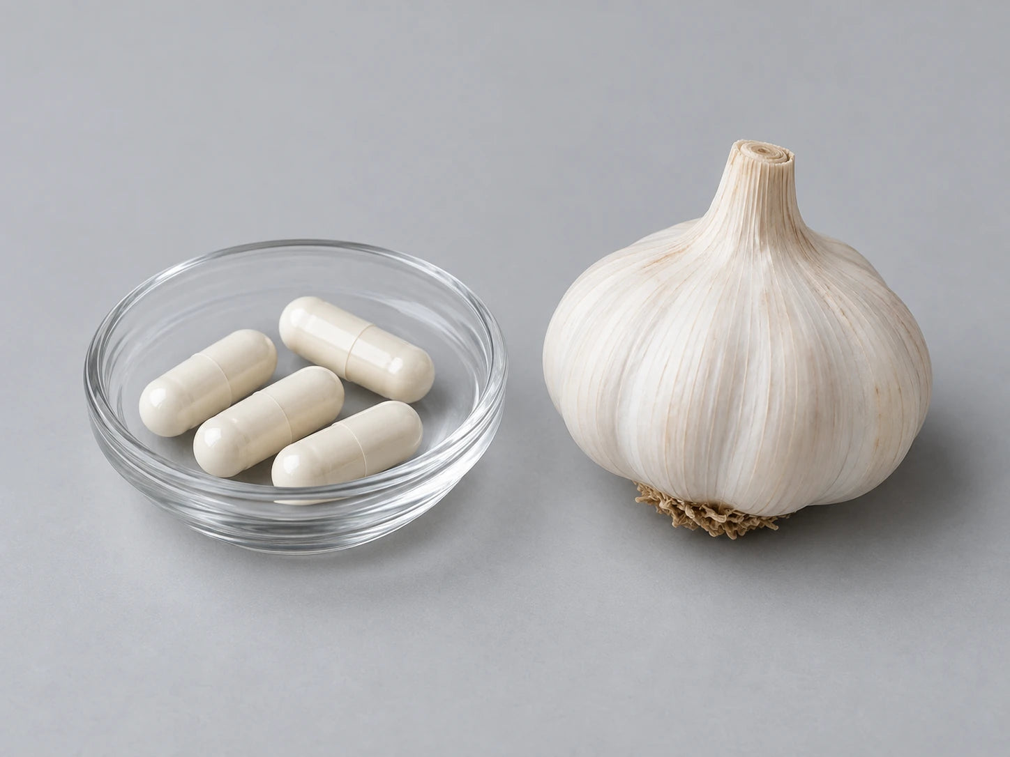 Generic garlic and white capsules representing other garlic supplements