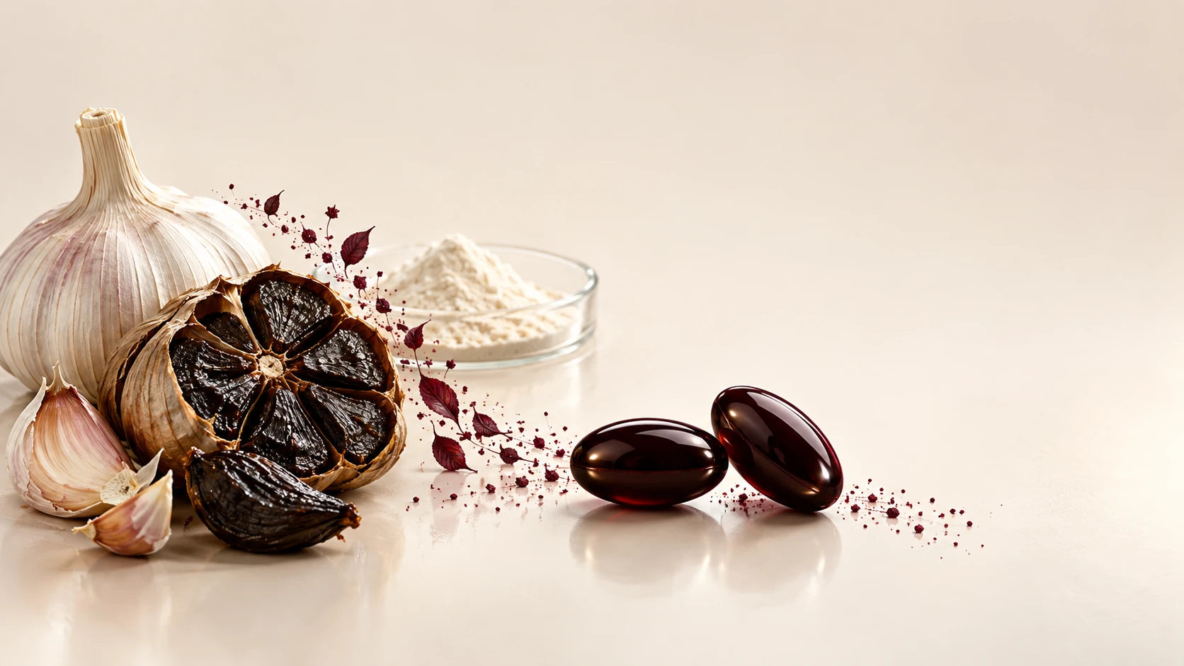 Fresh garlic, fermented black garlic and two glossy black softgels, with ingredient amounts shown in connected labels