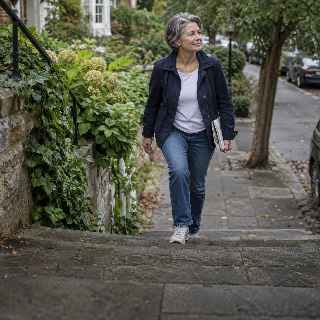 A mature woman walking up neighborhood steps