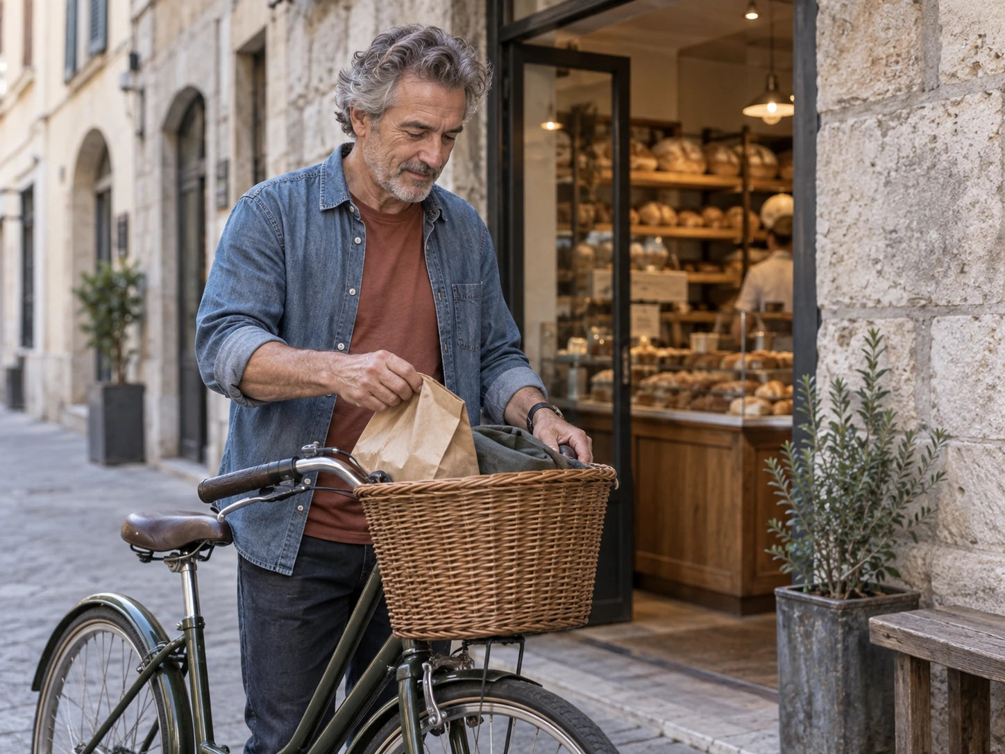 A mature man making a neighborhood bakery stop with his bicycle