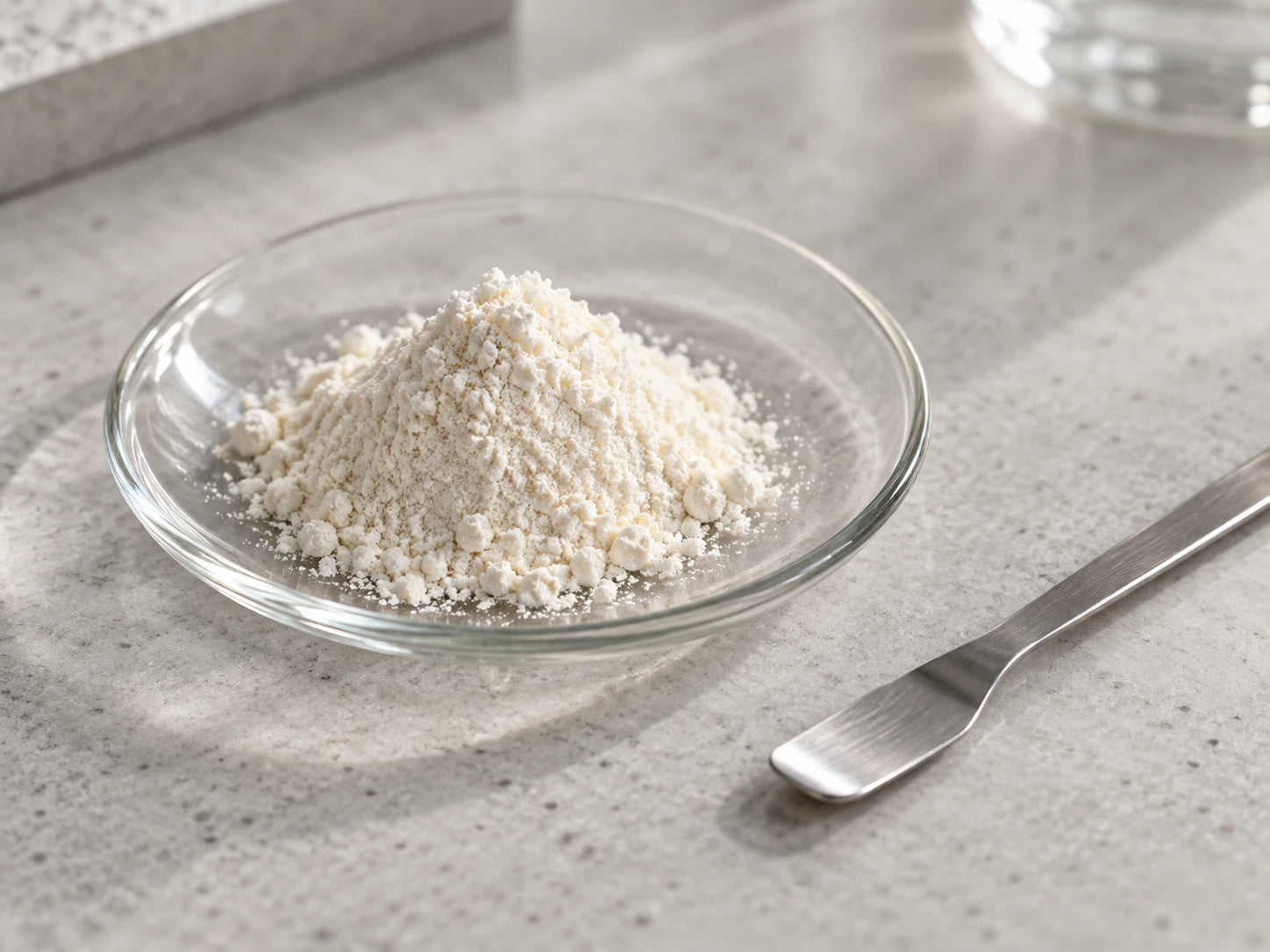 Illustrative off-white ubiquinol powder in a laboratory watch glass