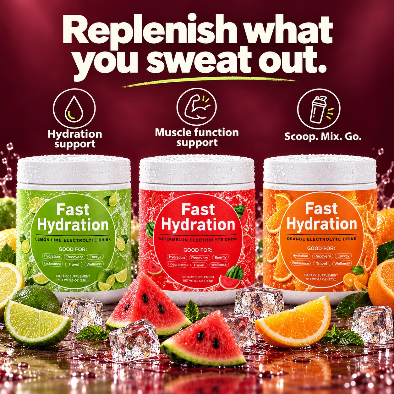 Watermelon, Lemon Lime and Orange: hydration support, muscle function support, scoop and mix convenience.
