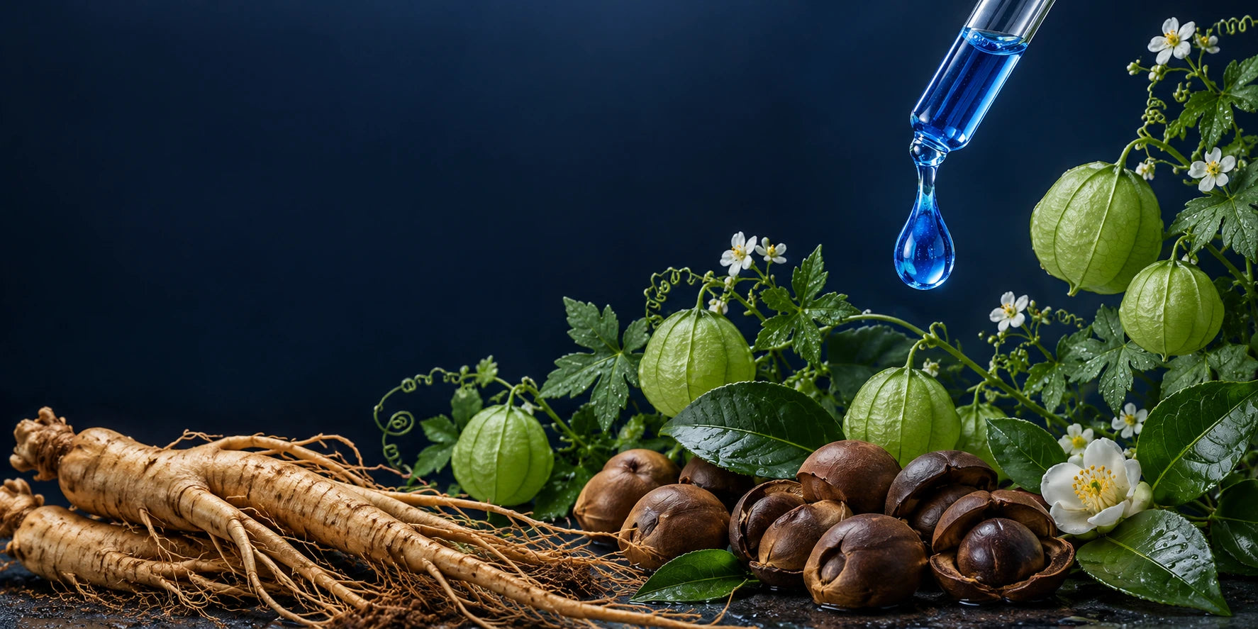 Blue serum drop with ginseng root, camellia seeds and balloon vine botanicals