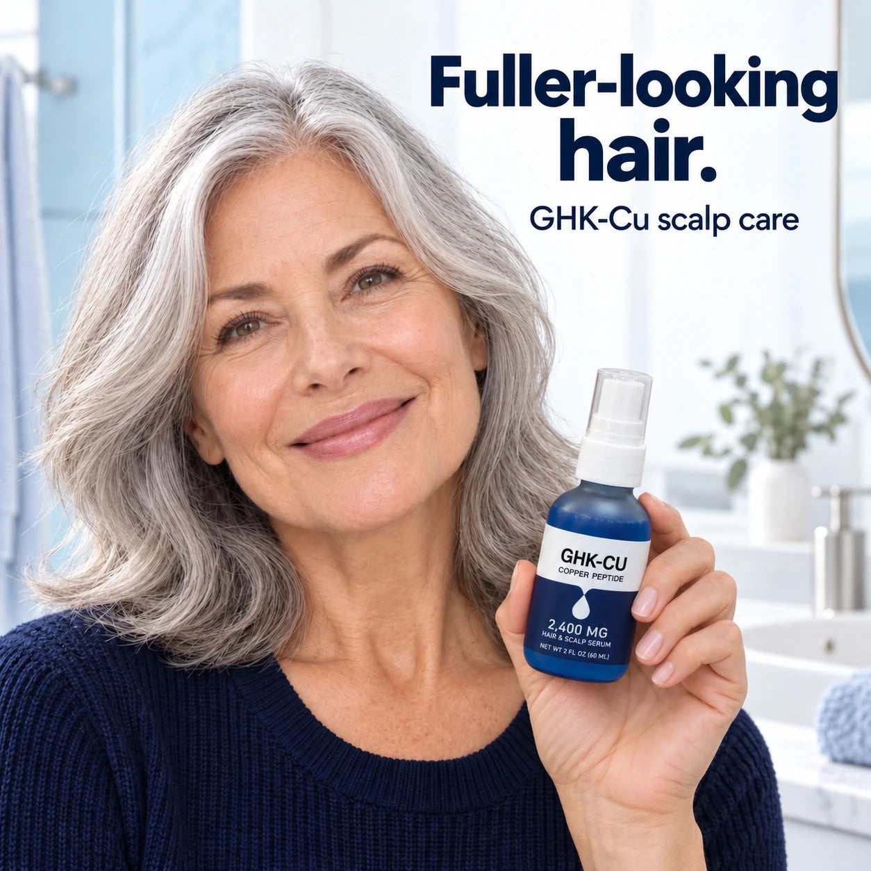 Mature woman holding Nuralis GHK-Cu scalp serum