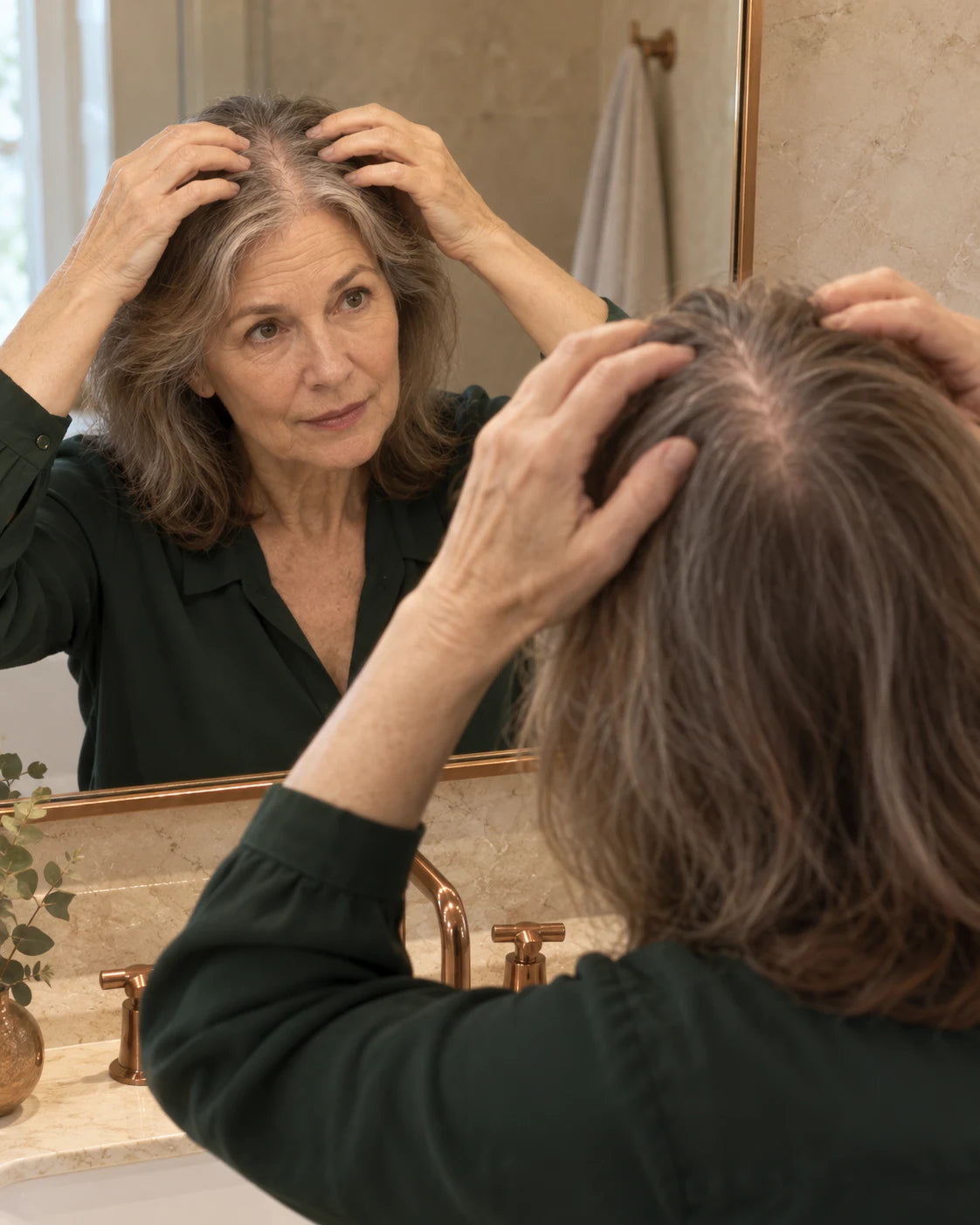 Generated campaign scene of an older woman examining her wider part in a mirror