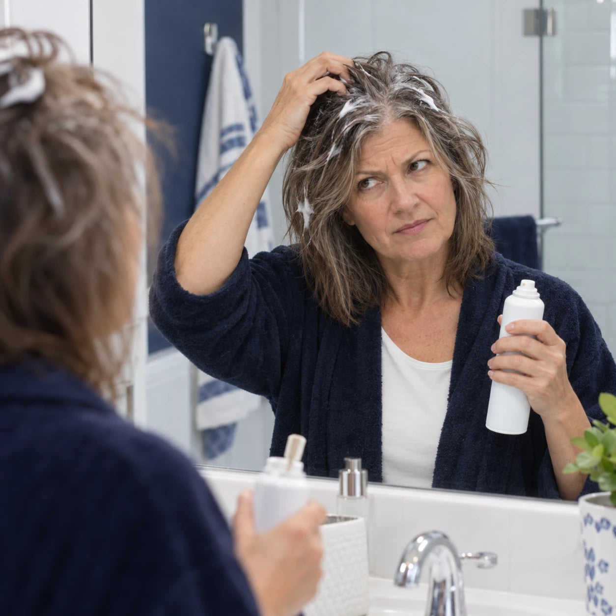 Woman handling hair with visible foam residue