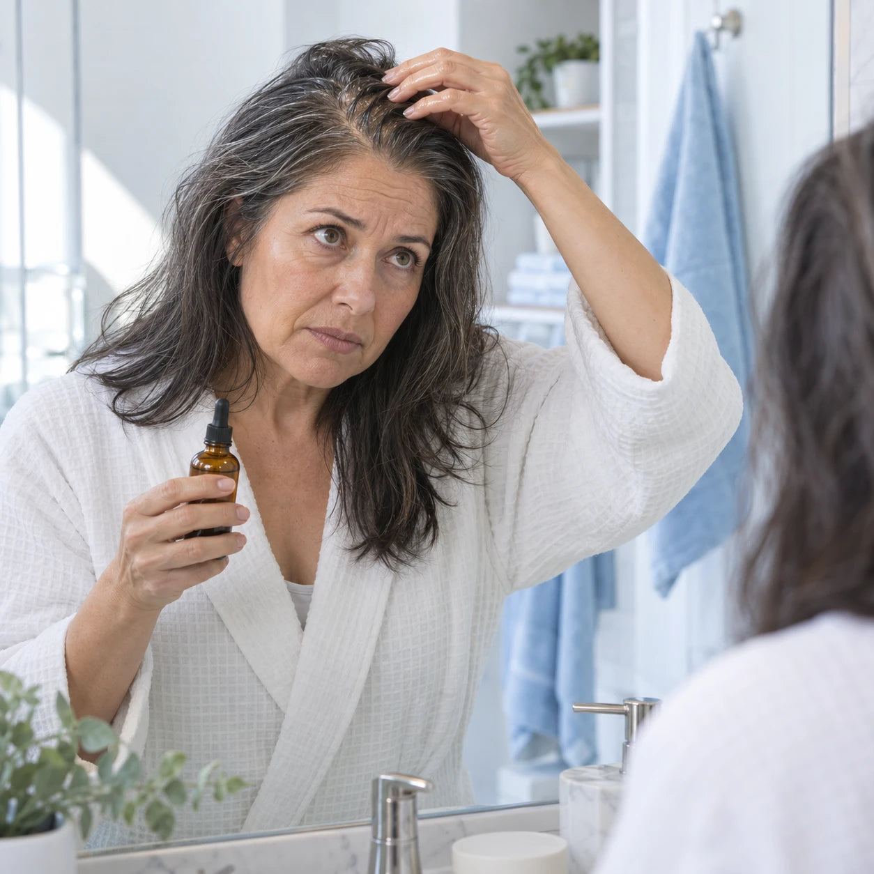 Fine hair with shiny oily roots and an amber oil bottle