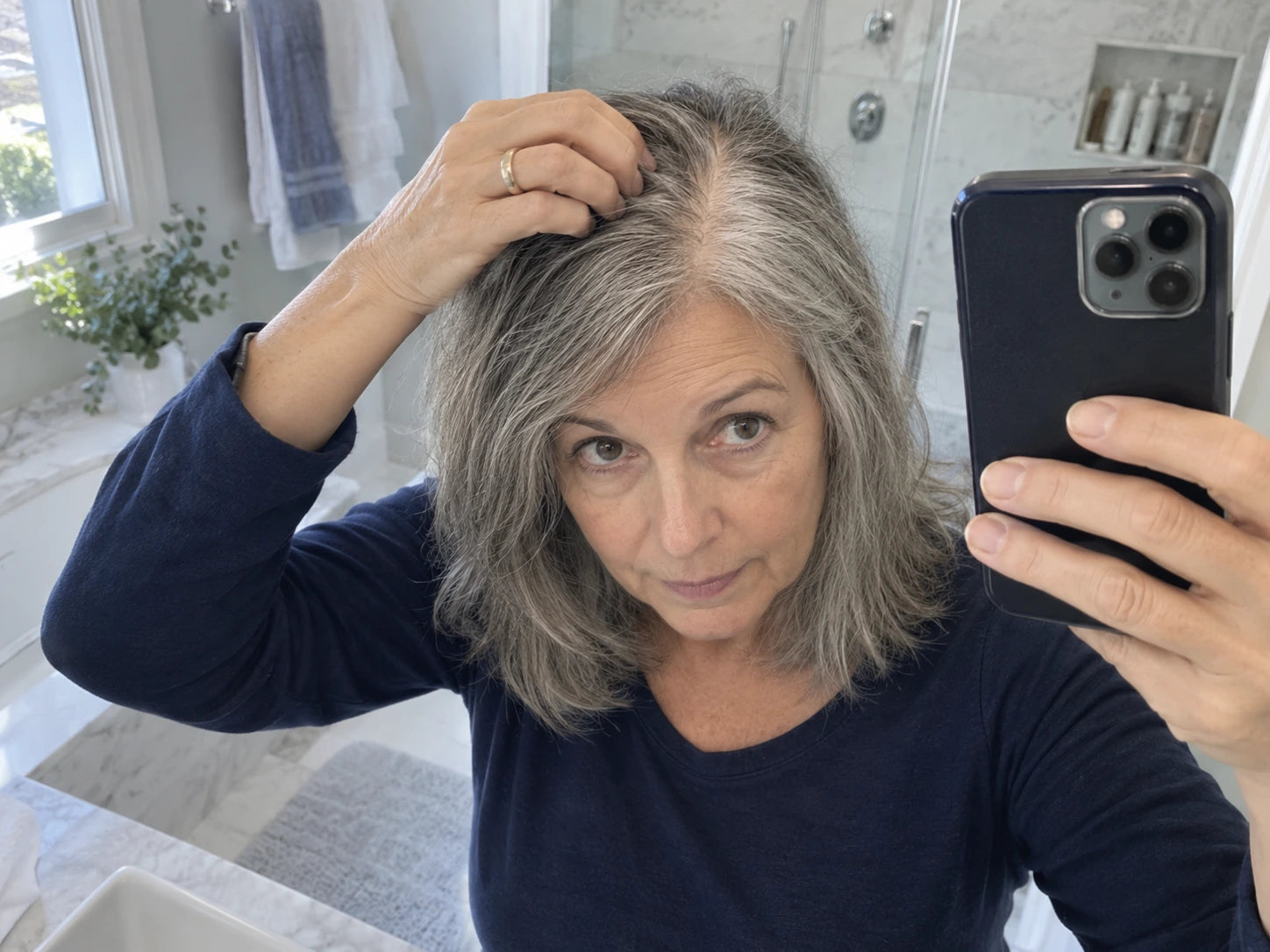 Mature woman photographing a visible wider part in a bathroom mirror