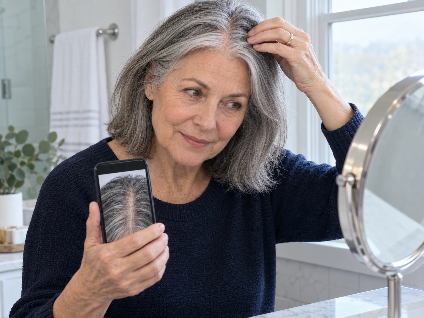 Mature woman comparing her scalp photo record with her part in the mirror