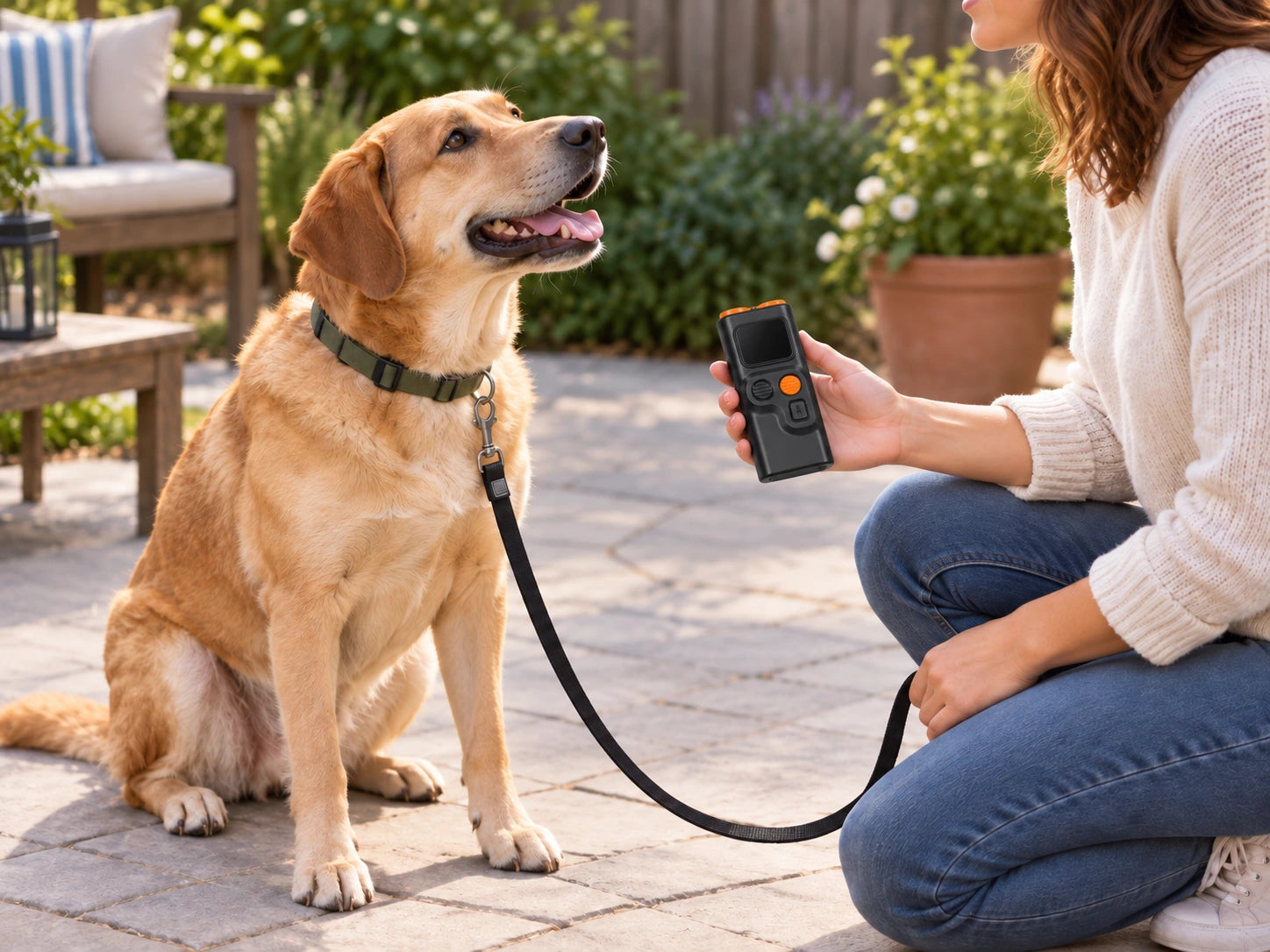 Owner holds compact HushVera beside a dog wearing its regular collar and leash.