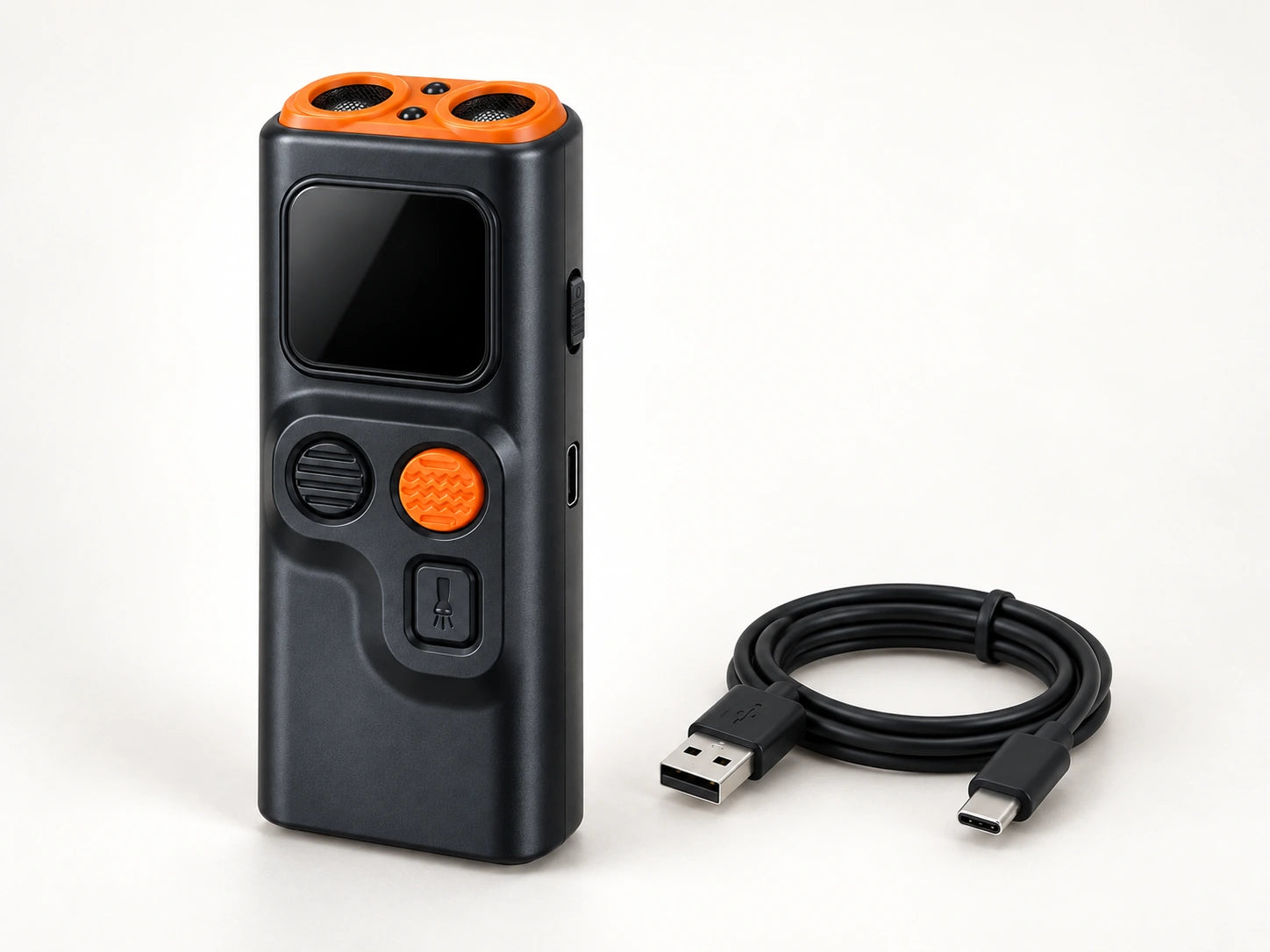 One upright HushVera device beside its included USB charging cable.