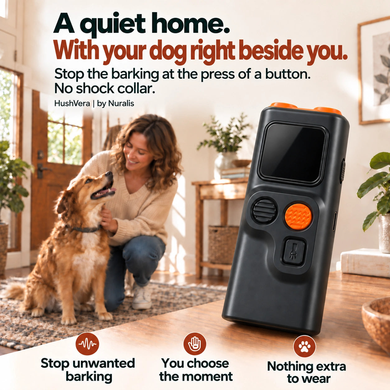 A quiet home. With your dog right beside you. Stop the barking at the press of a button. No shock collar.