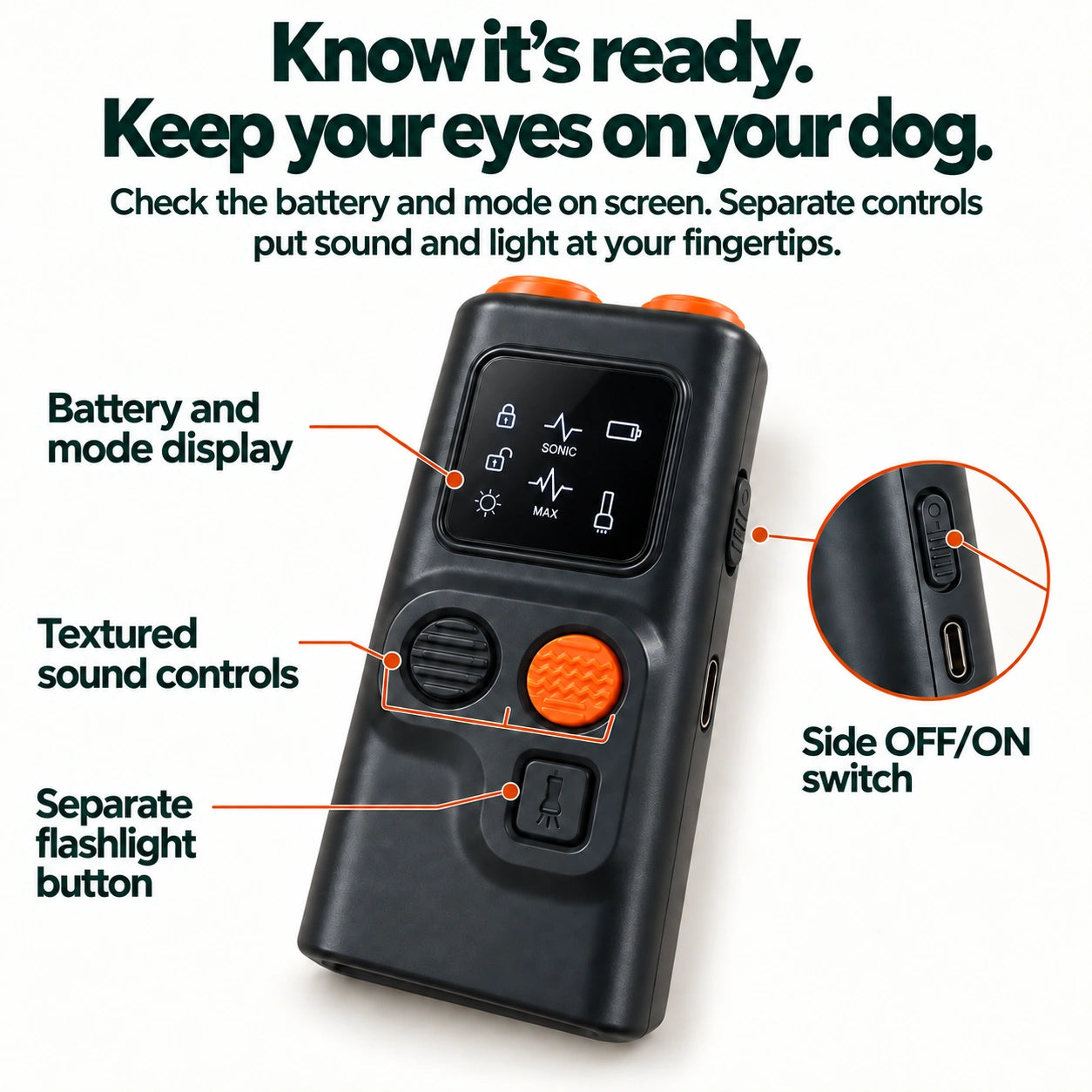 Know it’s ready. Keep your eyes on your dog. Check the battery and mode on screen. Separate controls put sound and light at your fingertips.