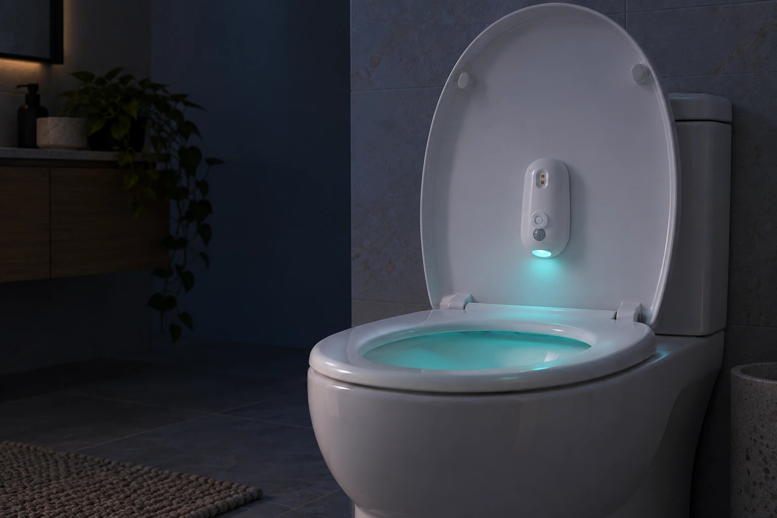 Night light glow in the toilet bowl with lid open