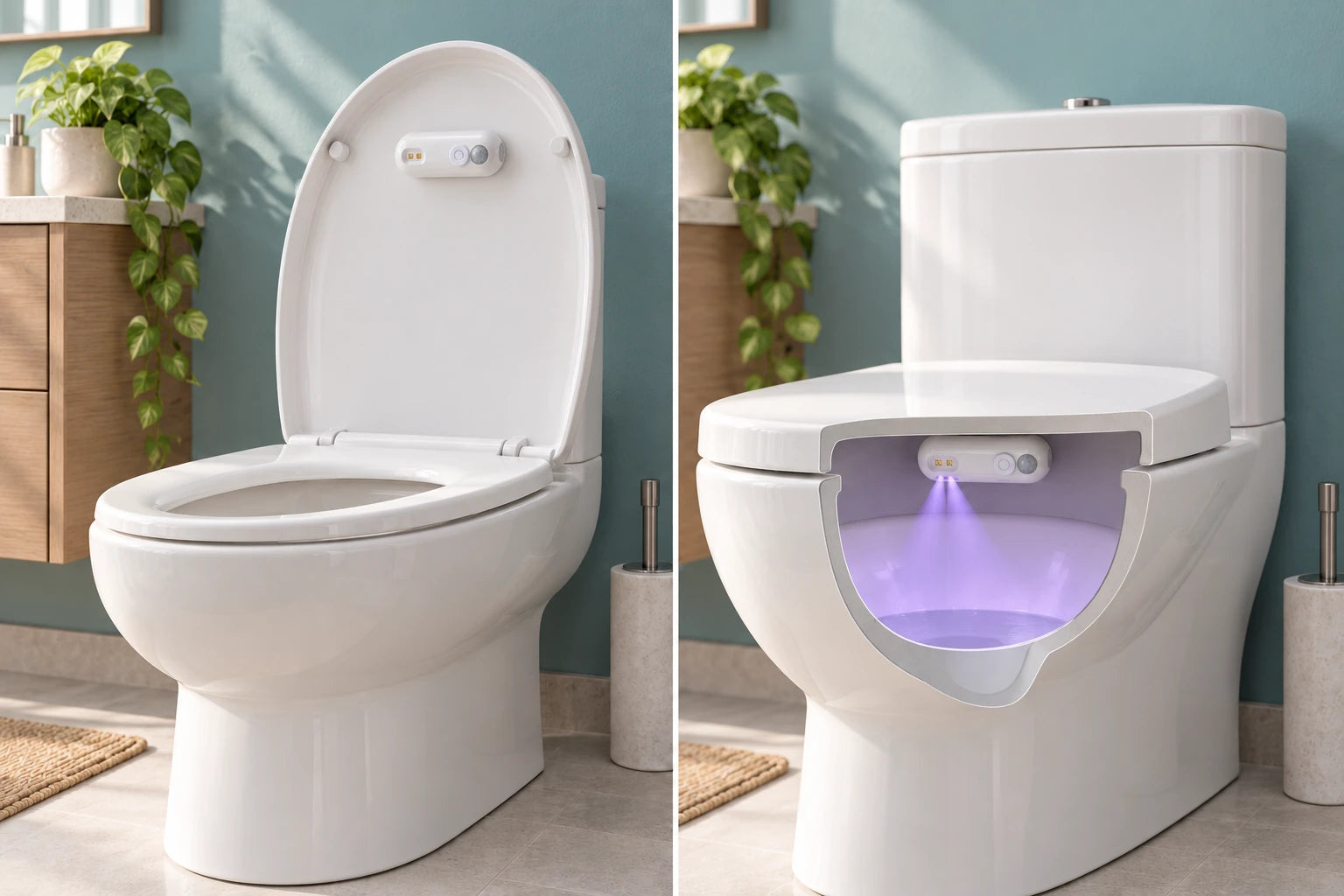 Toilet with lid open and closed for UV cycle